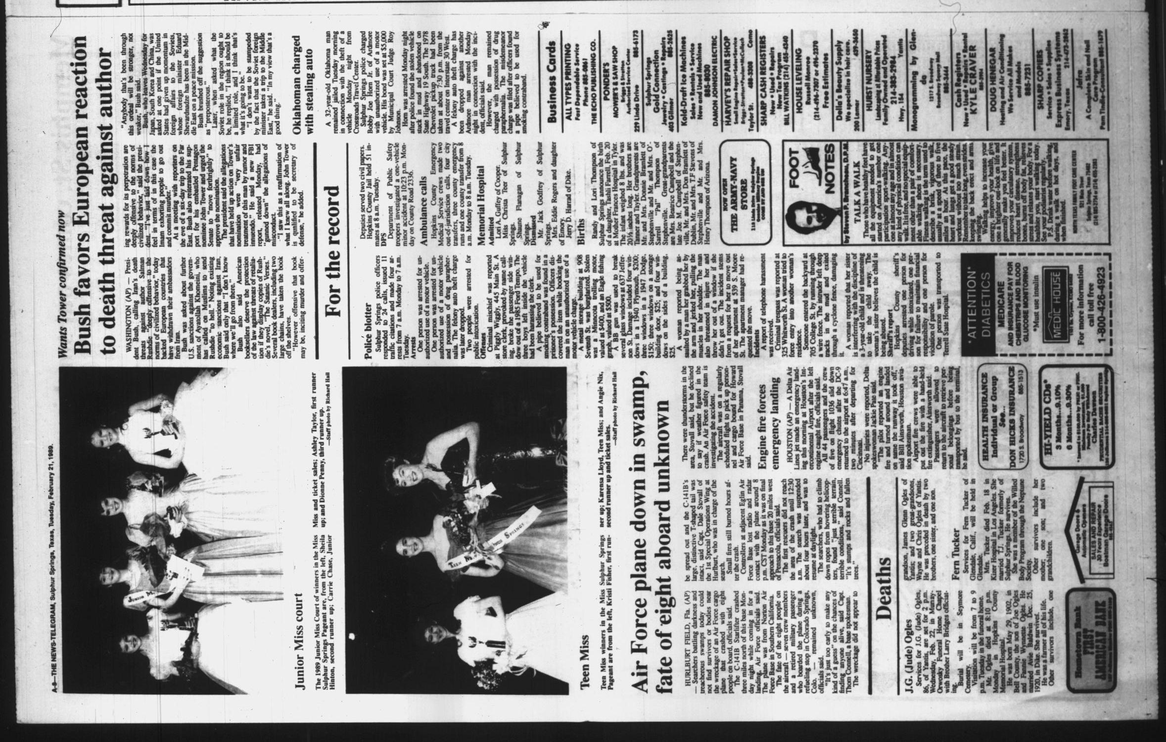 Sulphur Springs News-Telegram (Sulphur Springs, Tex.), Vol. 111, No. 44, Ed. 1 Tuesday, February 21, 1989
                                                
                                                    [Sequence #]: 8 of 12
                                                