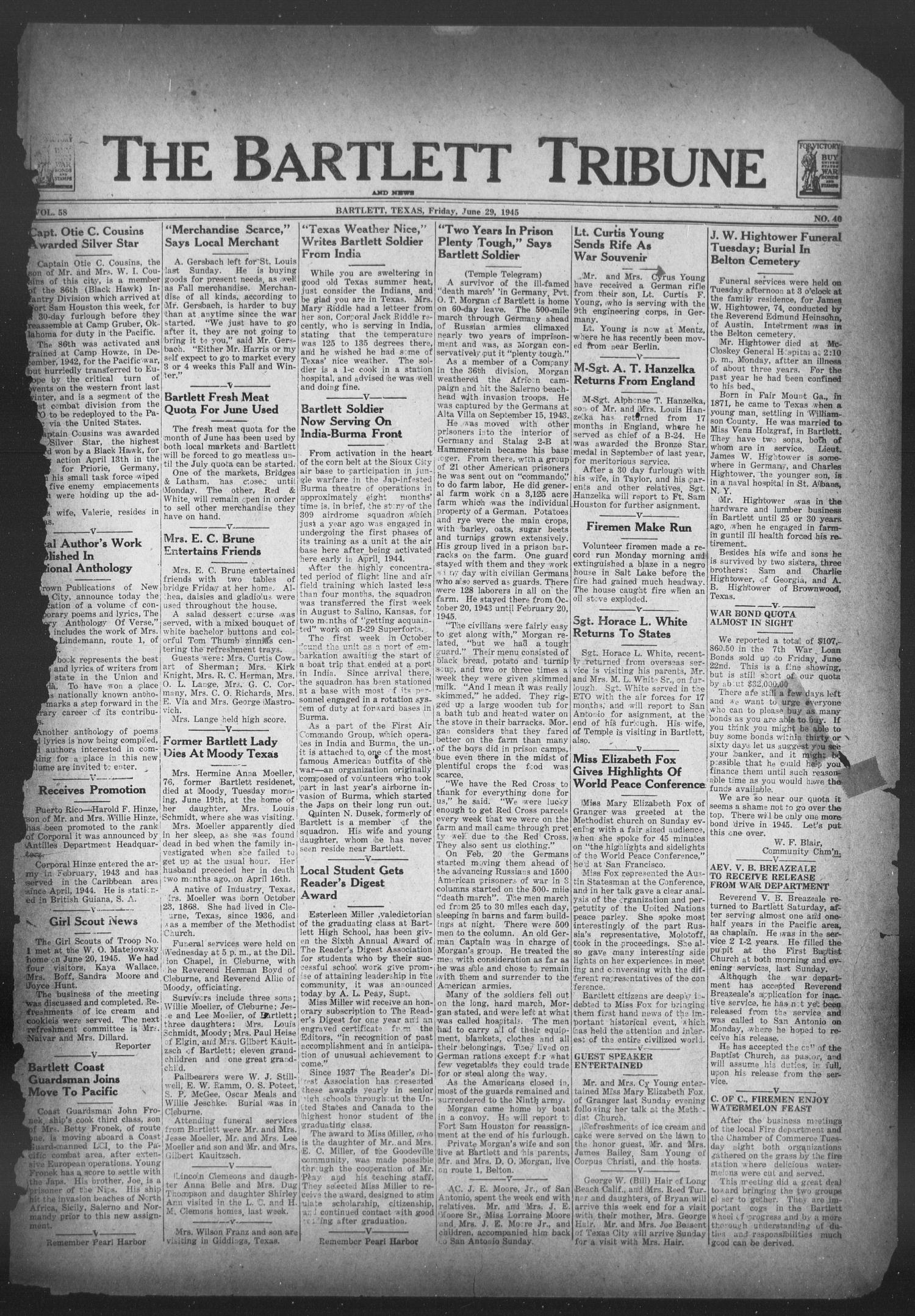 The Bartlett Tribune and News (Bartlett, Tex.), Vol. 58, No. 40, Ed. 1, Friday, June 29, 1945
                                                
                                                    [Sequence #]: 1 of 8
                                                