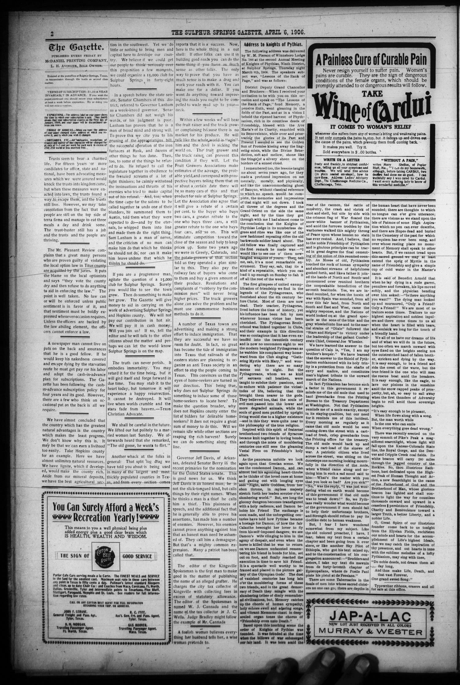 The Sulphur Springs Gazette. (Sulphur Springs, Tex.), Vol. 44, No. 14, Ed. 1 Friday, April 6, 1906
                                                
                                                    [Sequence #]: 2 of 8
                                                