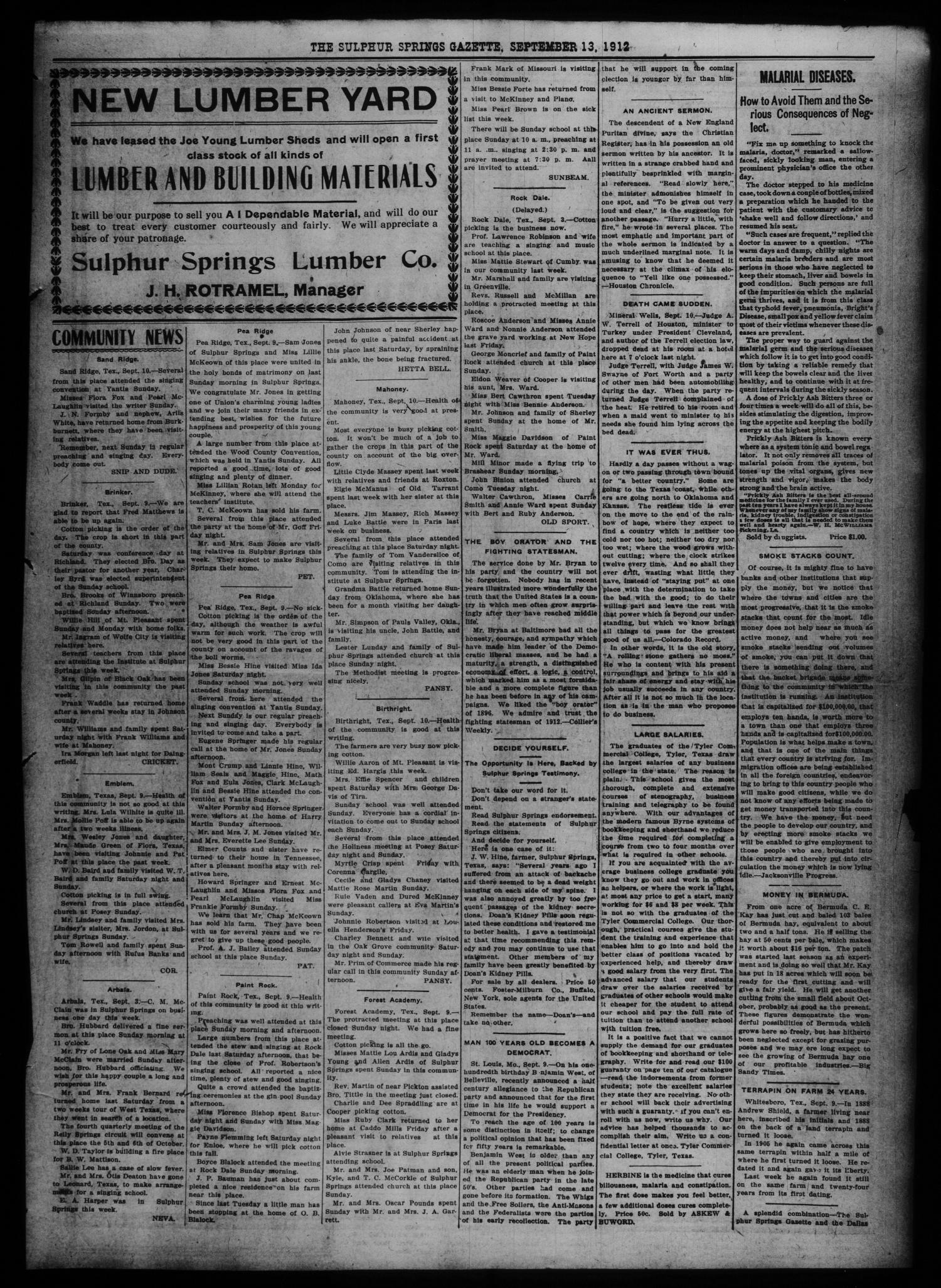 The Sulphur Springs Gazette. (Sulphur Springs, Tex.), Vol. 50, No. 37, Ed. 1 Friday, September 13, 1912
                                                
                                                    [Sequence #]: 7 of 10
                                                