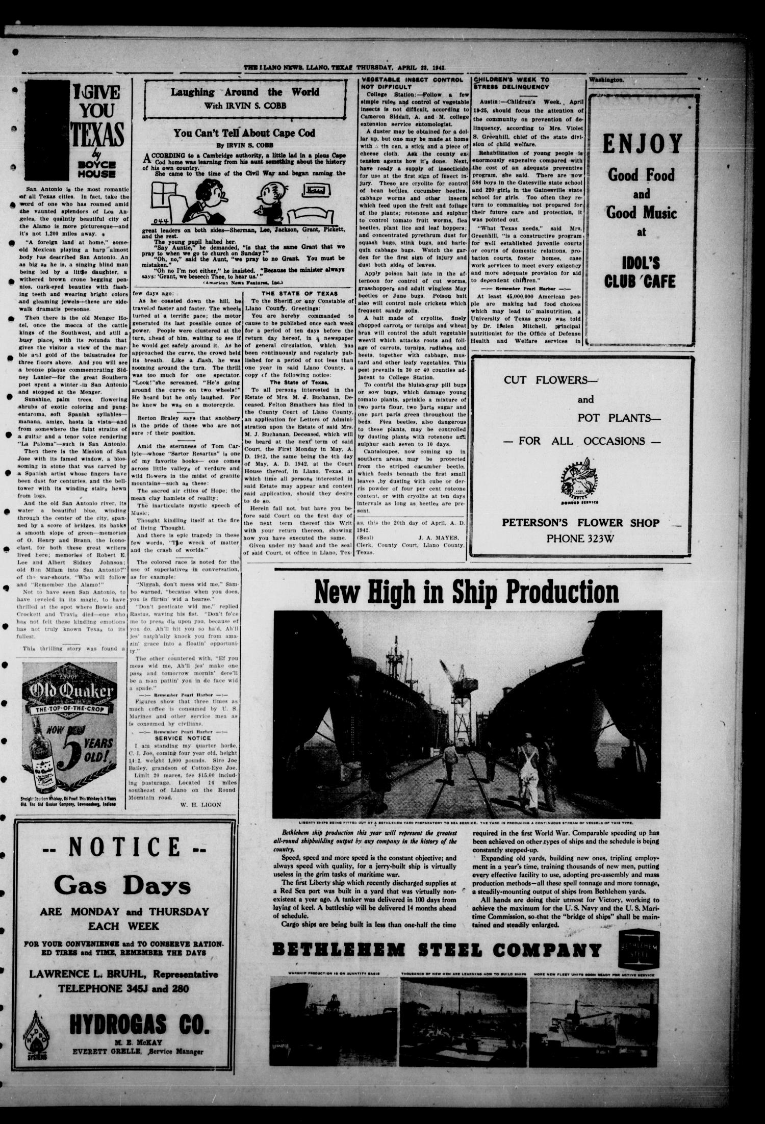 The Llano News. (Llano, Tex.), Vol. 54, No. 23, Ed. 1 Thursday, April 23, 1942
                                                
                                                    [Sequence #]: 3 of 8
                                                