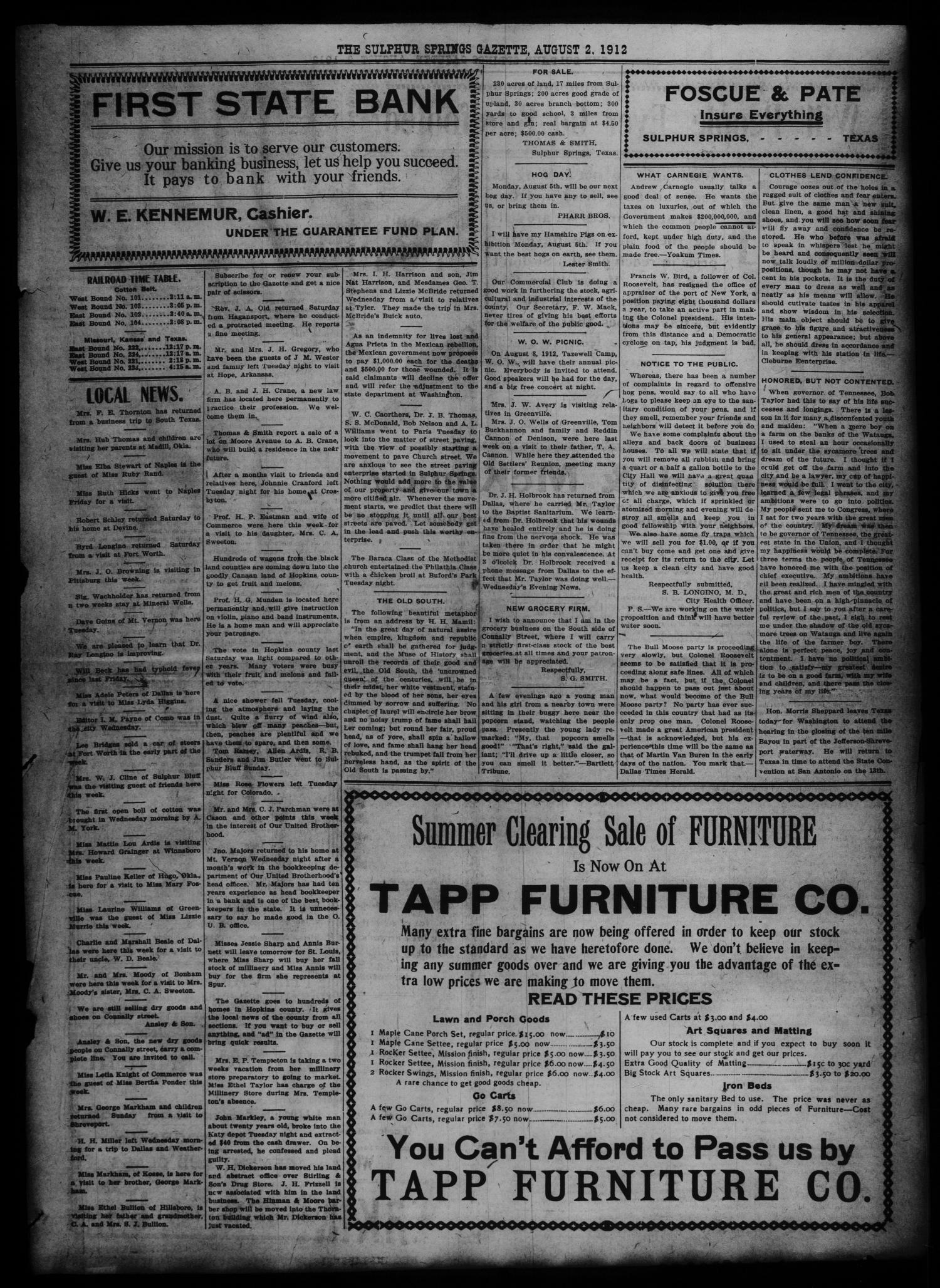 The Sulphur Springs Gazette. (Sulphur Springs, Tex.), Vol. 50, No. 31, Ed. 1 Friday, August 2, 1912
                                                
                                                    [Sequence #]: 3 of 10
                                                
