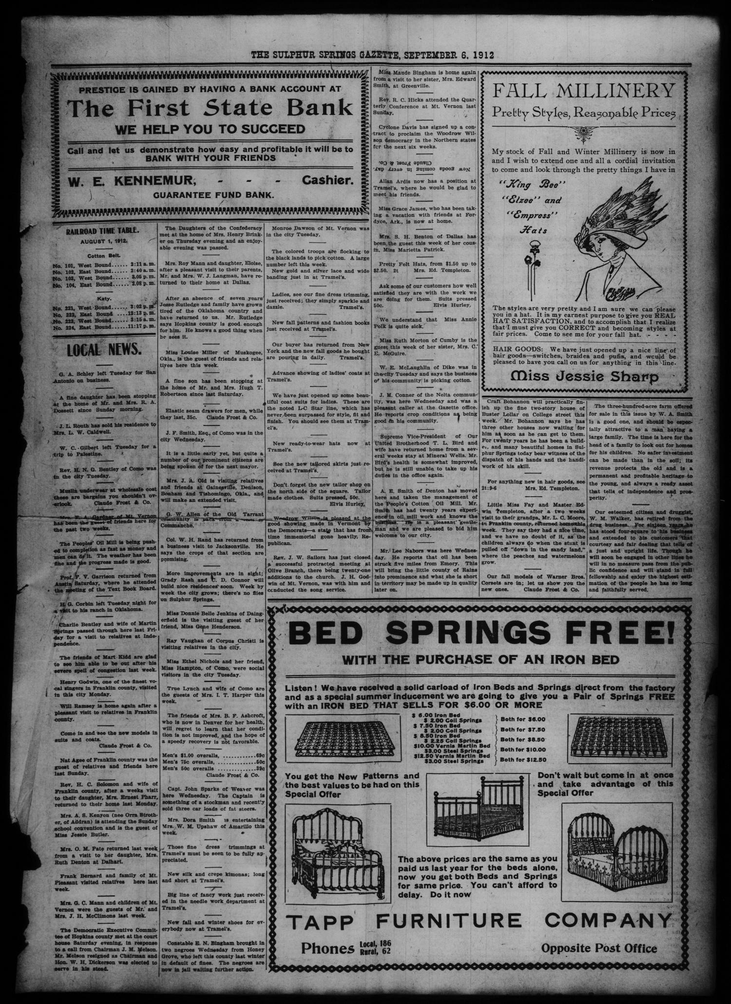 The Sulphur Springs Gazette. (Sulphur Springs, Tex.), Vol. 50, No. 36, Ed. 1 Friday, September 6, 1912
                                                
                                                    [Sequence #]: 3 of 10
                                                