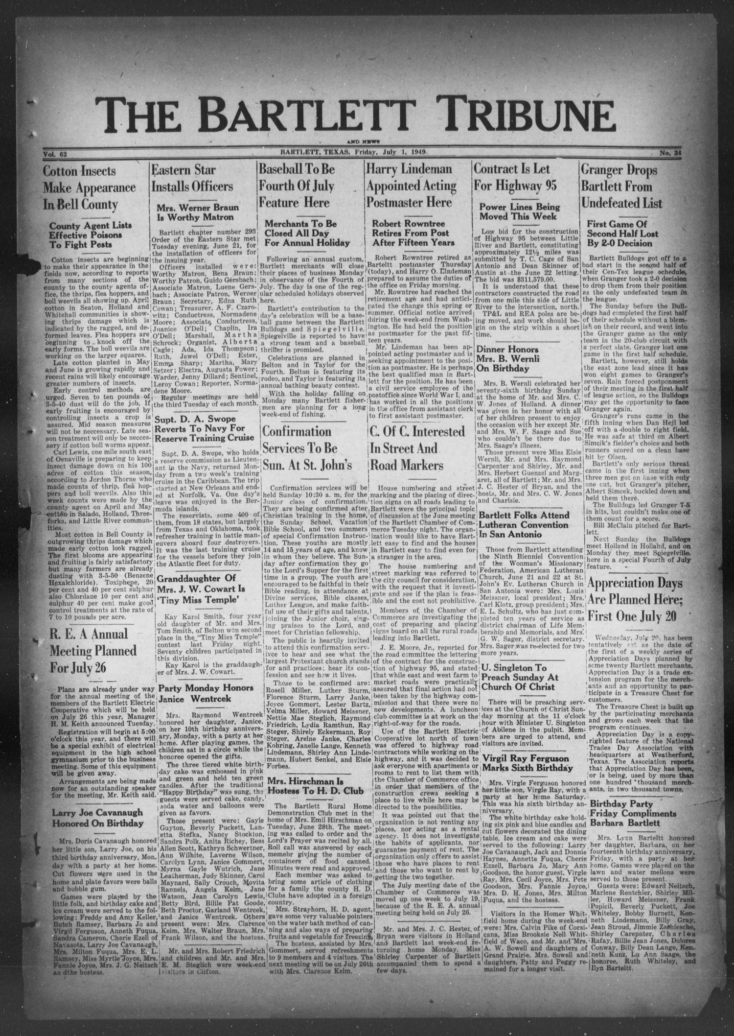 The Bartlett Tribune and News (Bartlett, Tex.), Vol. 62, No. 34, Ed. 1, Friday, July 1, 1949
                                                
                                                    [Sequence #]: 1 of 8
                                                