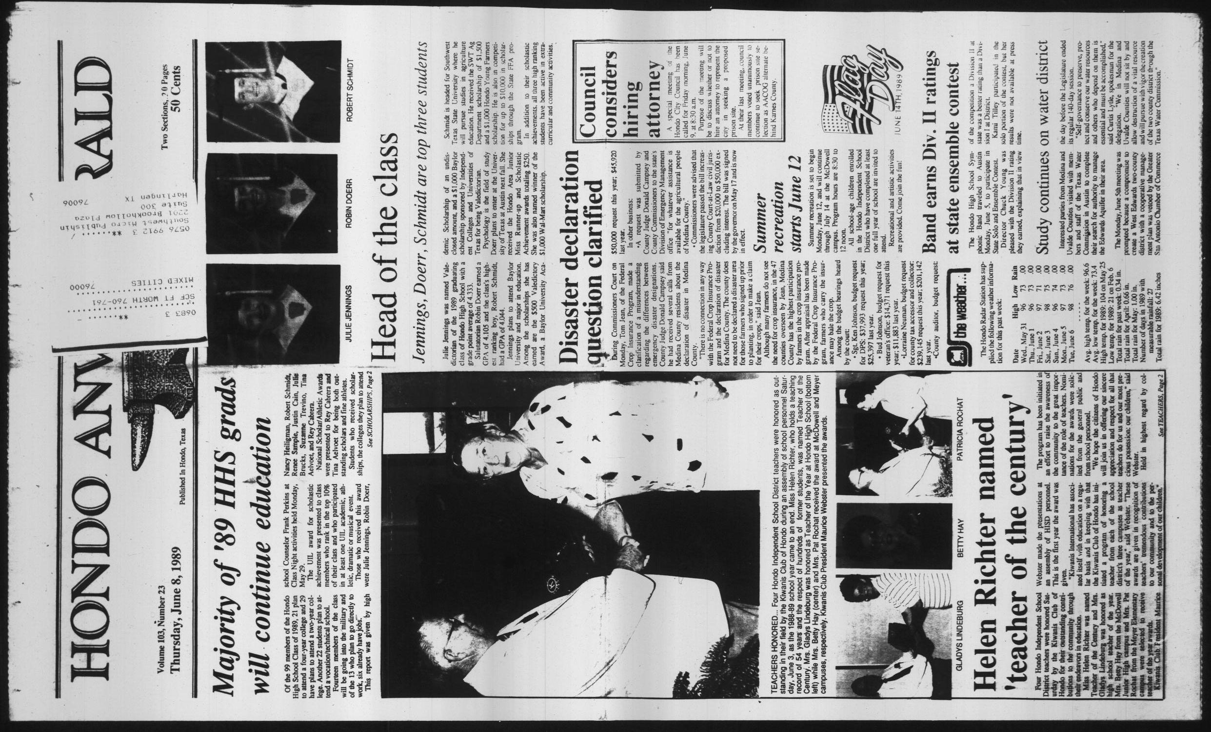 Hondo Anvil Herald (Hondo, Tex.), Vol. 103, No. 23, Ed. 1 Thursday, June 8, 1989
                                                
                                                    [Sequence #]: 1 of 24
                                                