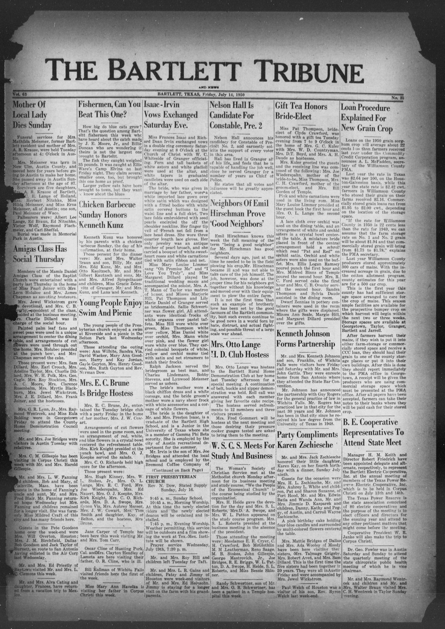 The Bartlett Tribune and News (Bartlett, Tex.), Vol. 63, No. 35, Ed. 1, Friday, July 14, 1950
                                                
                                                    [Sequence #]: 1 of 8
                                                