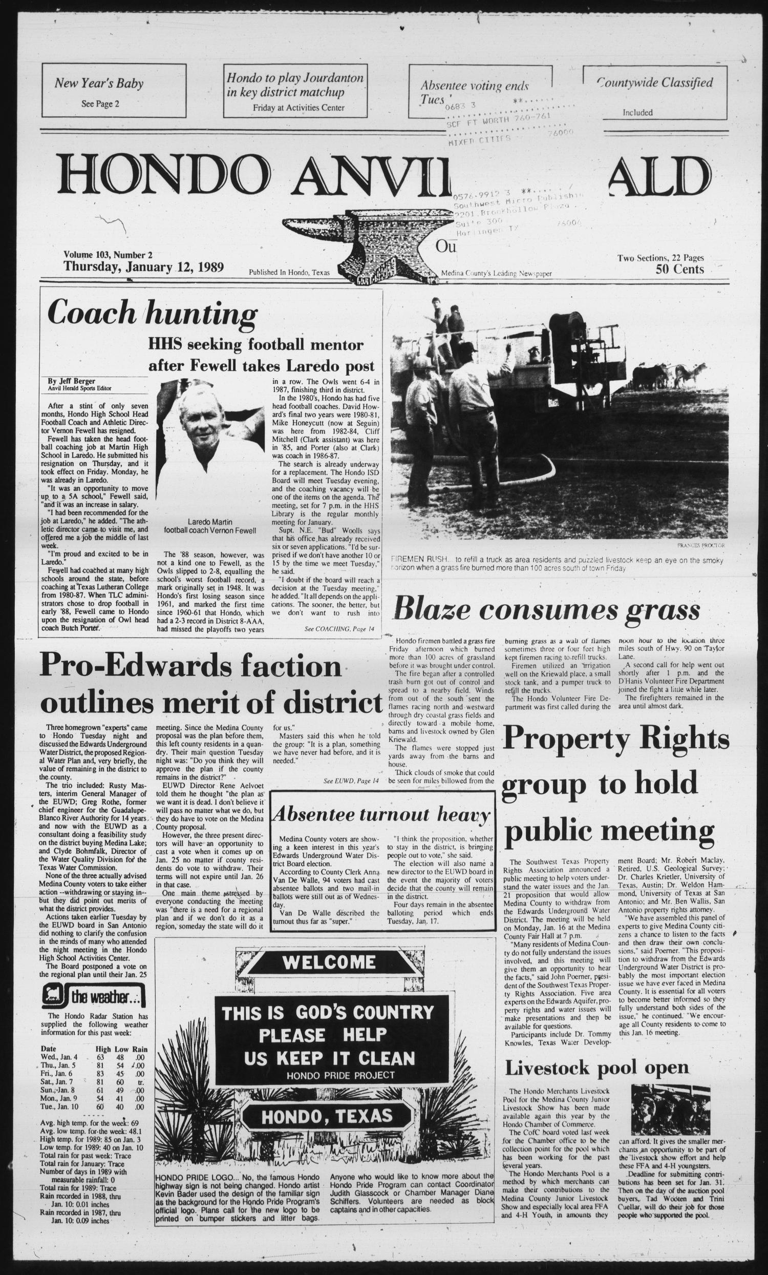 Hondo Anvil Herald (Hondo, Tex.), Vol. 103, No. 2, Ed. 1 Thursday, January 12, 1989
                                                
                                                    [Sequence #]: 1 of 22
                                                