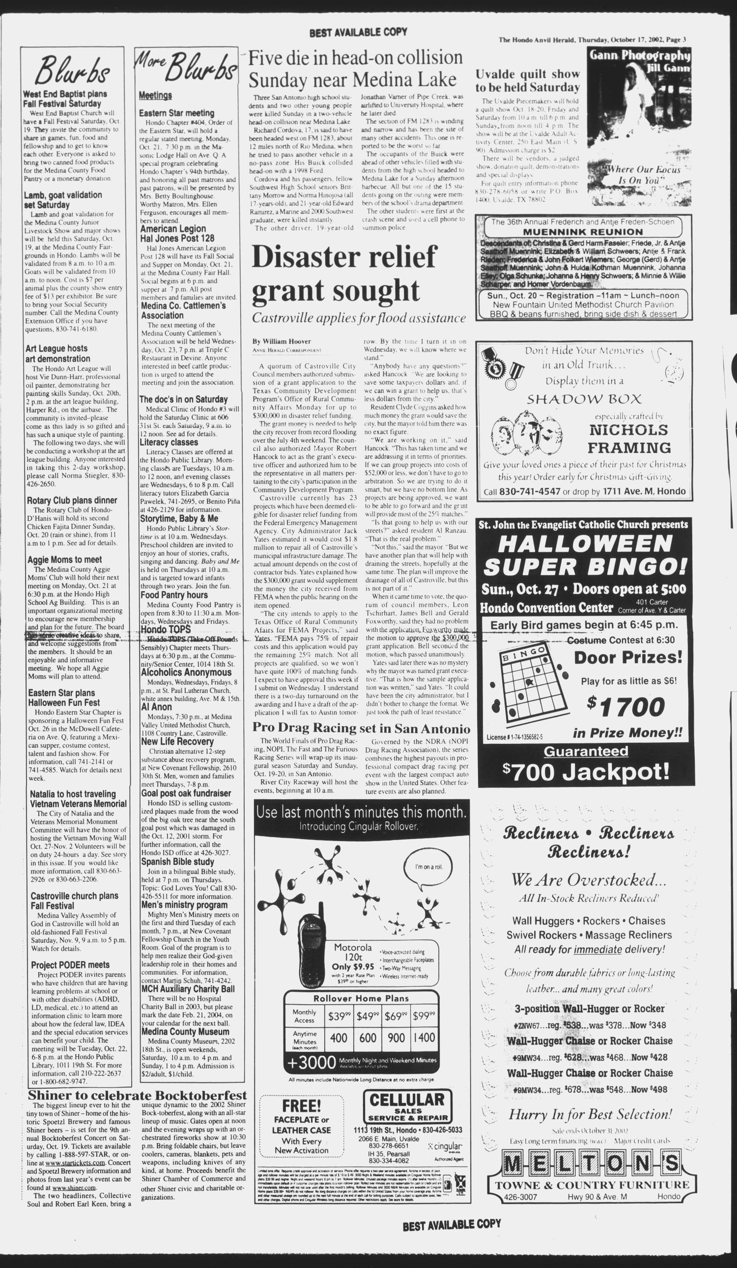 Hondo Anvil Herald (Hondo, Tex.), Vol. 116, No. 42, Ed. 1 Thursday, October 17, 2002
                                                
                                                    [Sequence #]: 3 of 58
                                                