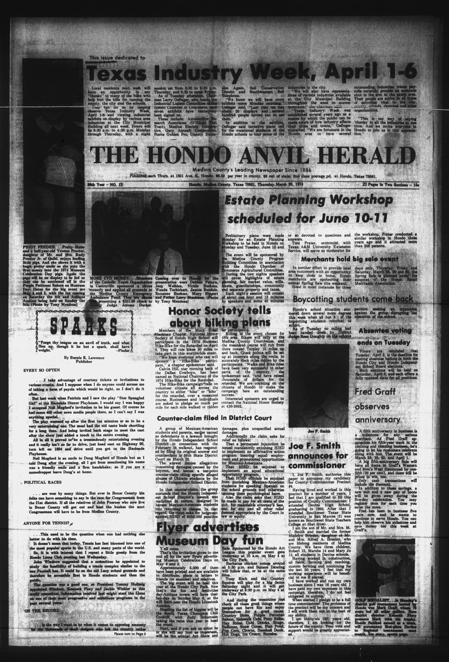 The Hondo Anvil Herald (Hondo, Tex.), Vol. 86, No. 13, Ed. 1 Thursday, March 28, 1974
                                                
                                                    [Sequence #]: 1 of 20
                                                