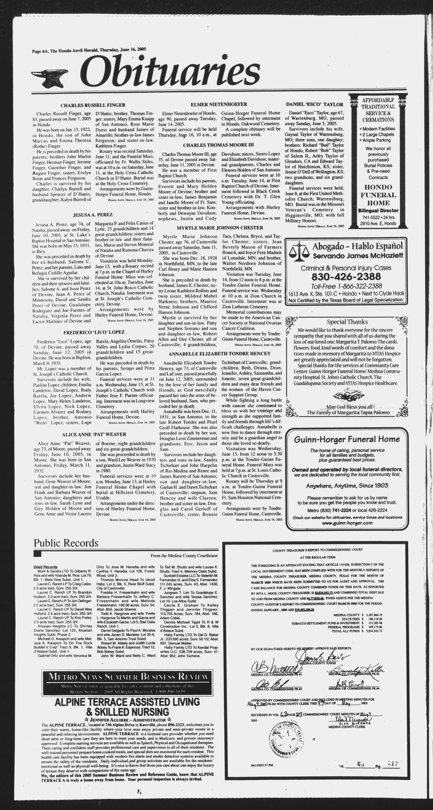 Hondo Anvil Herald (Hondo, Tex.), Vol. 119, No. 24, Ed. 1 Thursday, June 16, 2005
                                                
                                                    [Sequence #]: 6 of 46
                                                