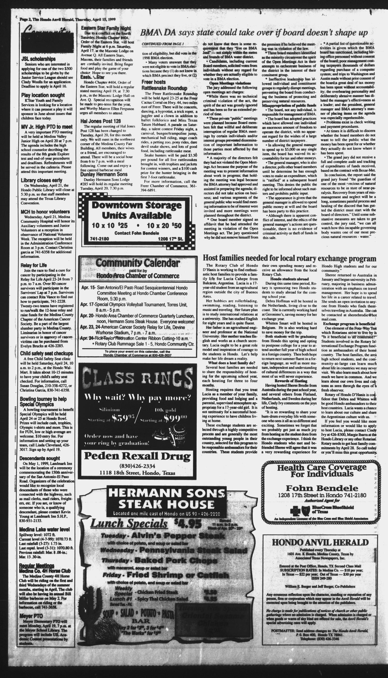 Hondo Anvil Herald (Hondo, Tex.), Vol. 113, No. 15, Ed. 1 Thursday, April 15, 1999
                                                
                                                    [Sequence #]: 2 of 42
                                                