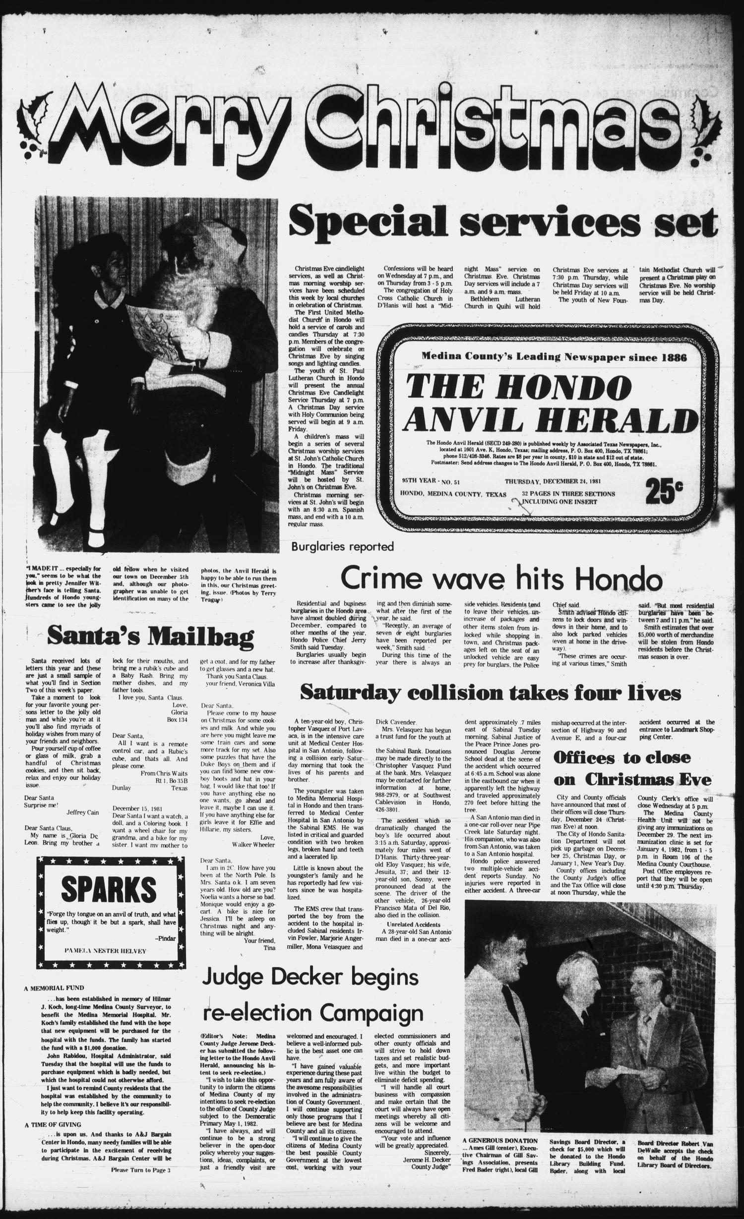 The Hondo Anvil Herald (Hondo, Tex.), Vol. 95, No. 51, Ed. 1 Thursday, December 24, 1981
                                                
                                                    [Sequence #]: 1 of 28
                                                