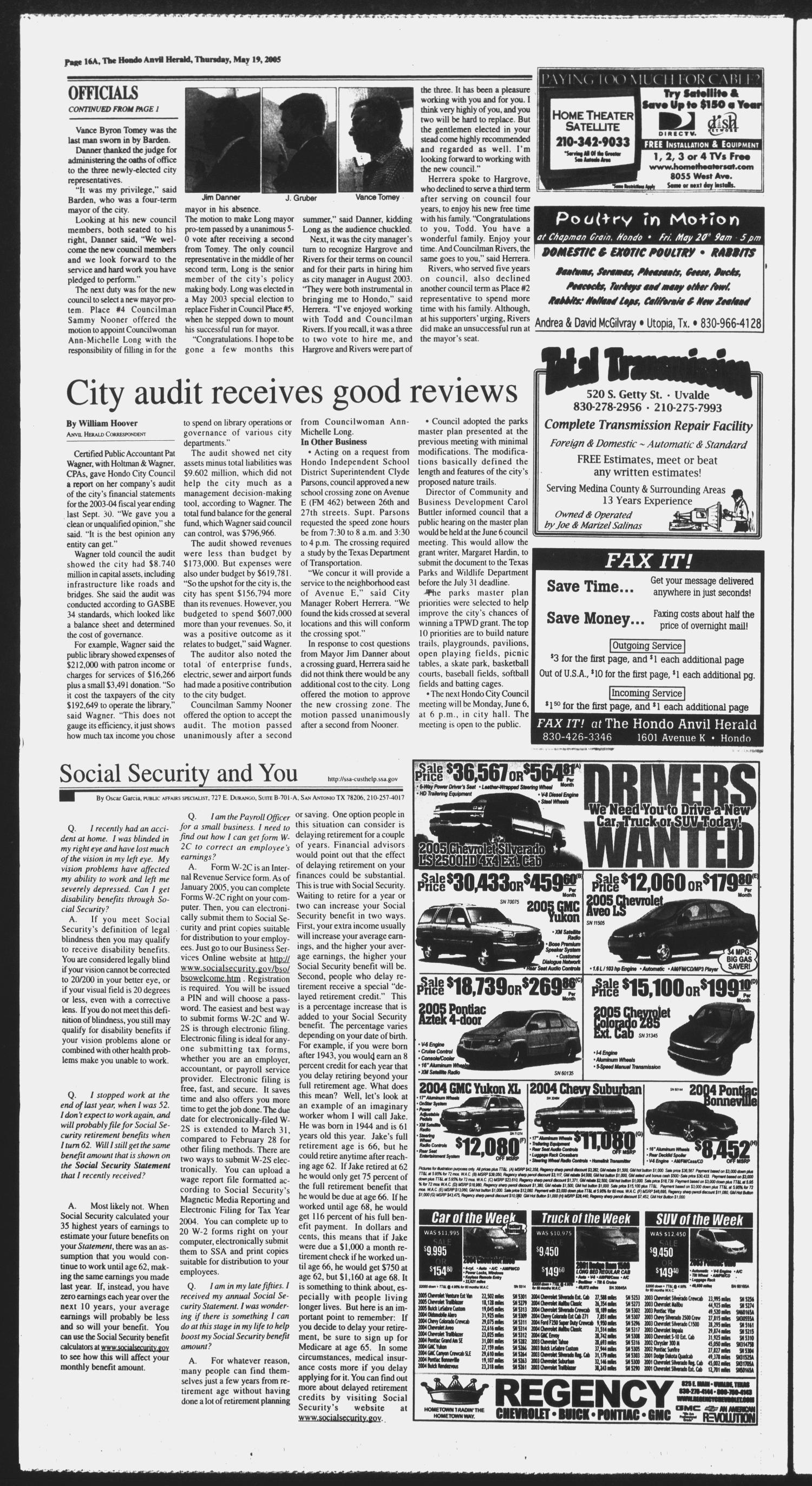 Hondo Anvil Herald (Hondo, Tex.), Vol. 119, No. 20, Ed. 1 Thursday, May 19, 2005
                                                
                                                    [Sequence #]: 16 of 60
                                                