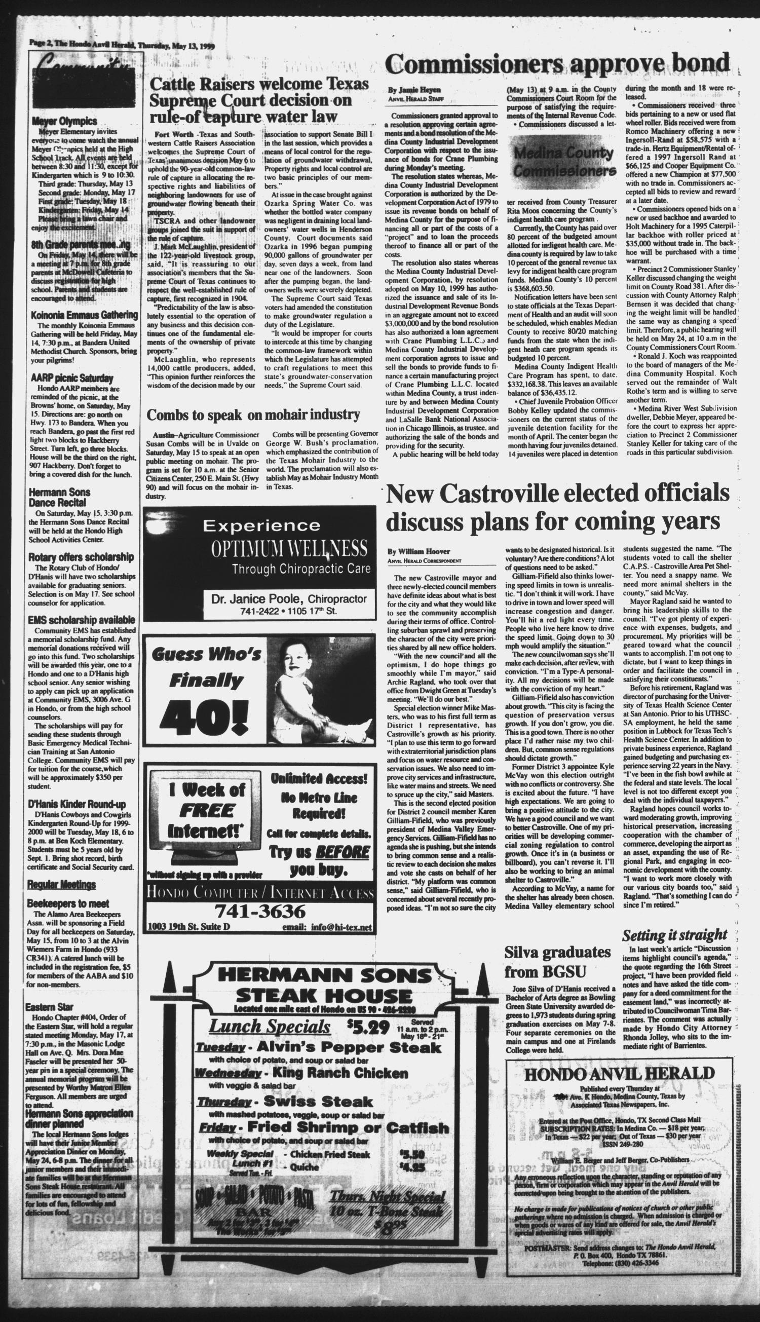 Hondo Anvil Herald (Hondo, Tex.), Vol. 113, No. 19, Ed. 1 Thursday, May 13, 1999
                                                
                                                    [Sequence #]: 2 of 52
                                                
