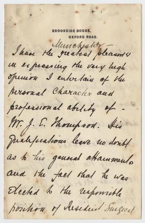 Primary view of object titled '[Testimonial for James E. Thompson by Walter Whitehead]'.
