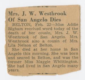 Primary view of object titled '[Obituary of Mrs. J.W. Westbrook]'.