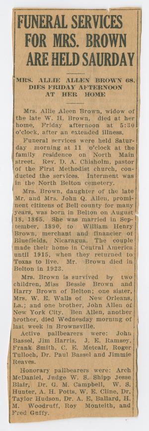 Primary view of object titled '[Obituary of Mrs. Allie Allen Brown]'.