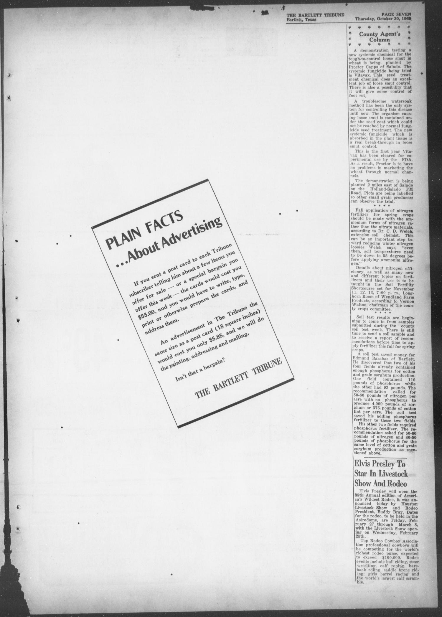 The Bartlett Tribune and News (Bartlett, Tex.), Vol. 83, No. 1, Ed. 1, Thursday, October 30, 1969
                                                
                                                    [Sequence #]: 7 of 8
                                                