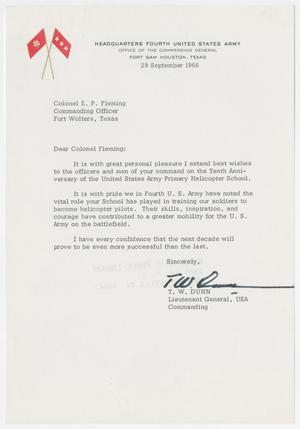 [Letter from Lieutenant General T. W. Dunn to Colonel E. P. Fleming, September 29, 1966]