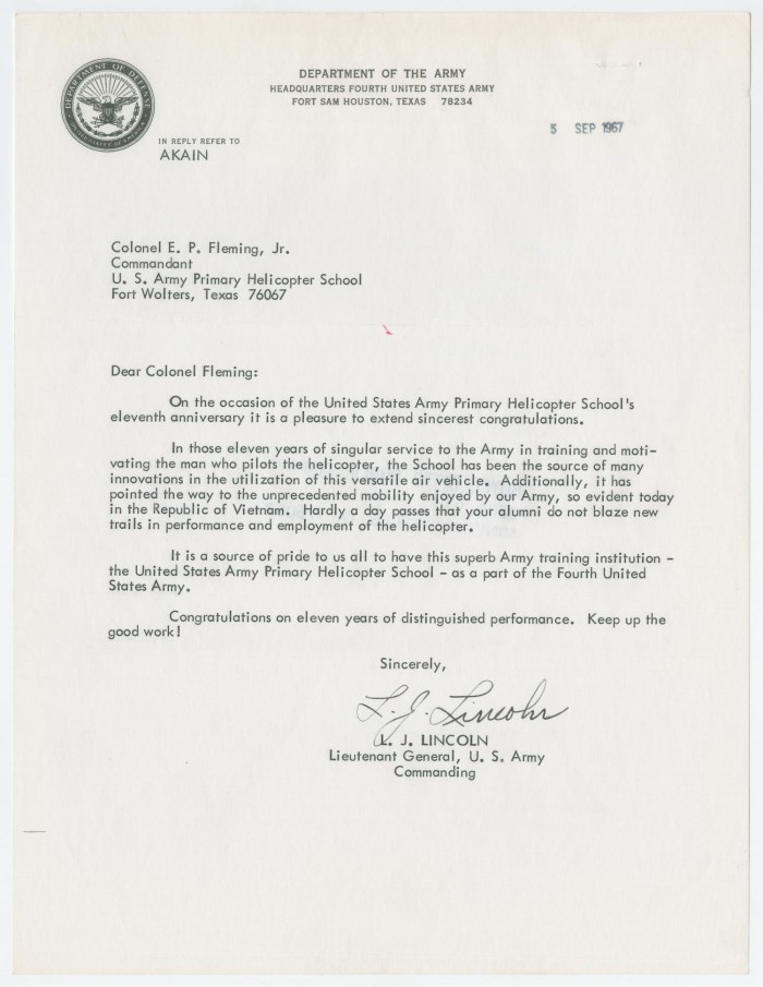 Letter From Lieutenant General L J Lincoln To Colonel E P Fleming Jr September 5 1967 The Portal To Texas History