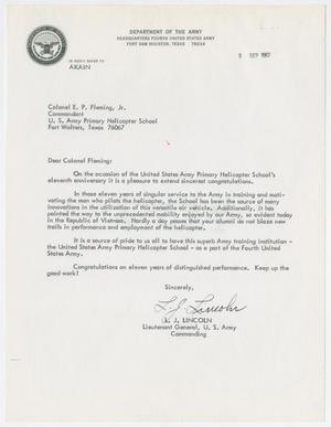 Primary view of object titled '[Letter from Lieutenant General L. J. Lincoln to Colonel E. P. Fleming, Jr., September 5, 1967]'.