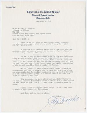 Primary view of object titled '[Letter from U.S. Representative Jim Wright to Major William D. Phillips, September 1, 1967]'.