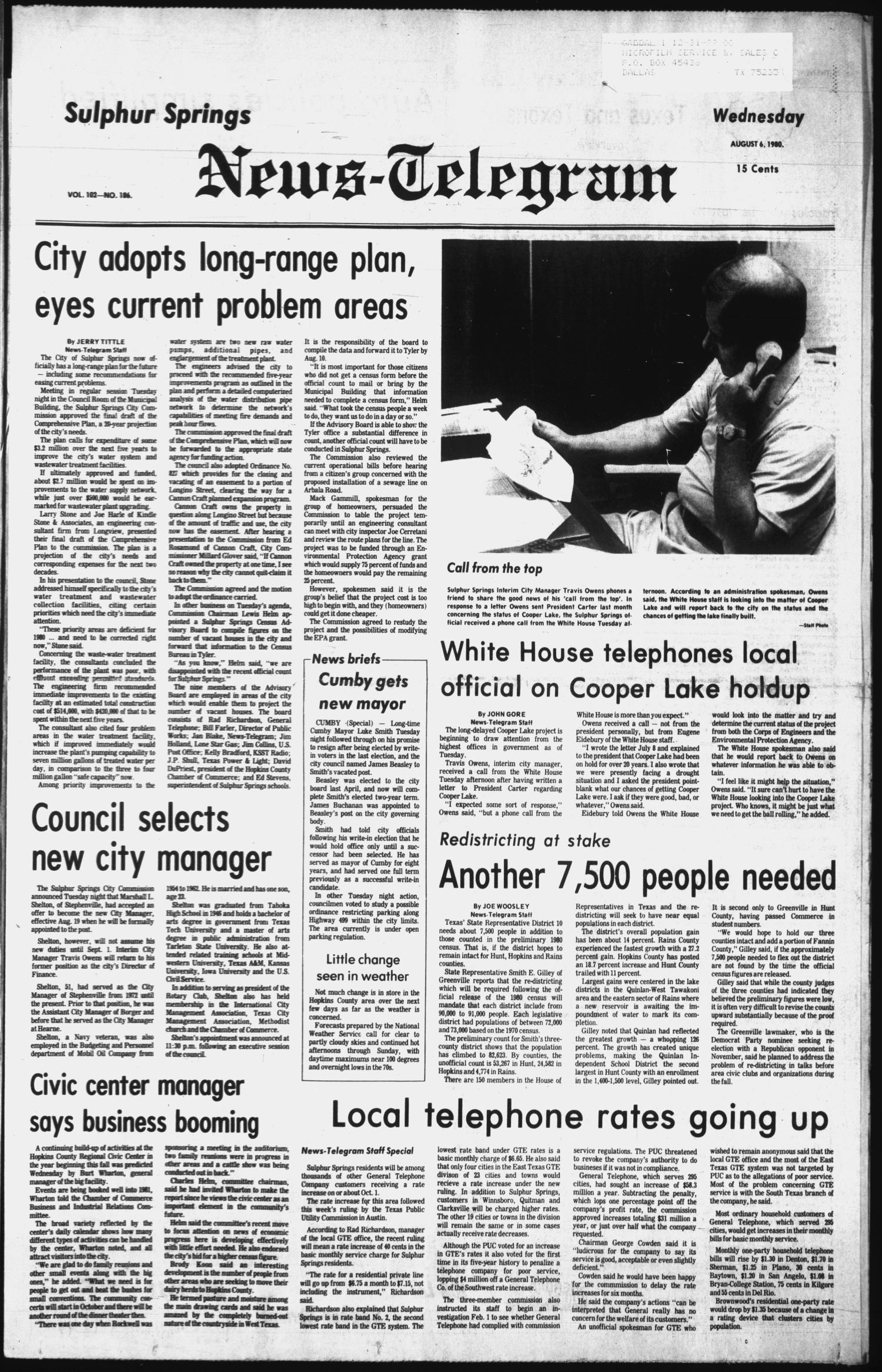 Sulphur Springs News-Telegram (Sulphur Springs, Tex.), Vol. 102, No. 186, Ed. 1 Wednesday, August 6, 1980
                                                
                                                    [Sequence #]: 1 of 16
                                                