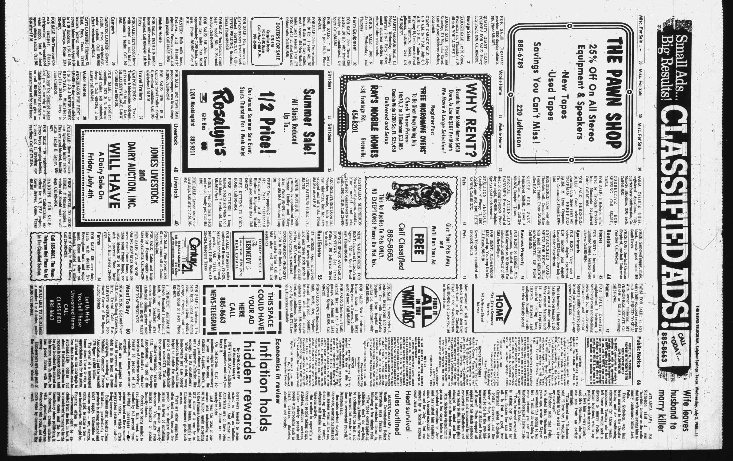 Sulphur Springs News-Telegram (Sulphur Springs, Tex.), Vol. 102, No. 157, Ed. 1 Wednesday, July 2, 1980
                                                
                                                    [Sequence #]: 13 of 16
                                                