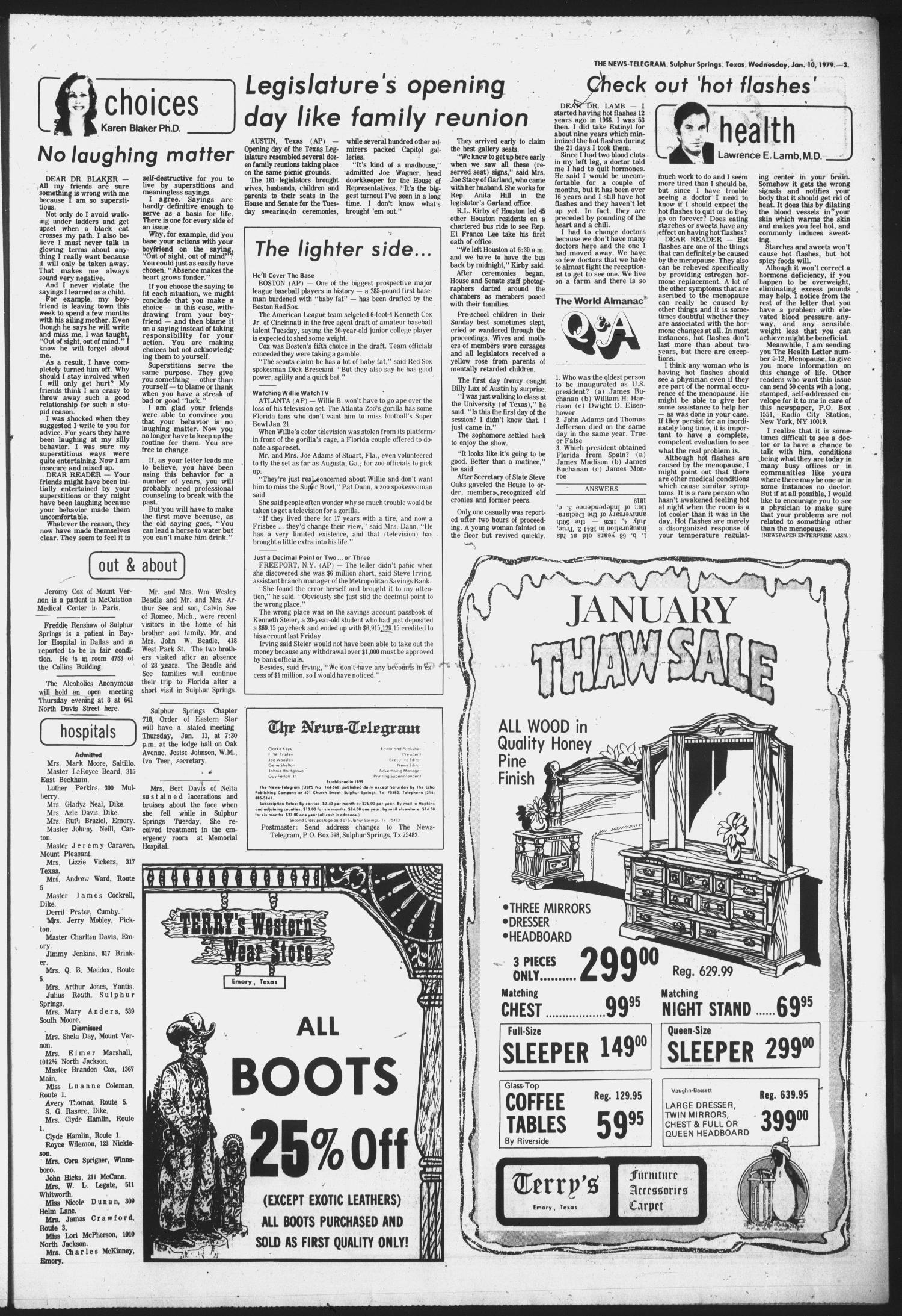 Sulphur Springs News-Telegram (Sulphur Springs, Tex.), Vol. 101, No. 8, Ed. 1 Wednesday, January 10, 1979
                                                
                                                    [Sequence #]: 3 of 16
                                                