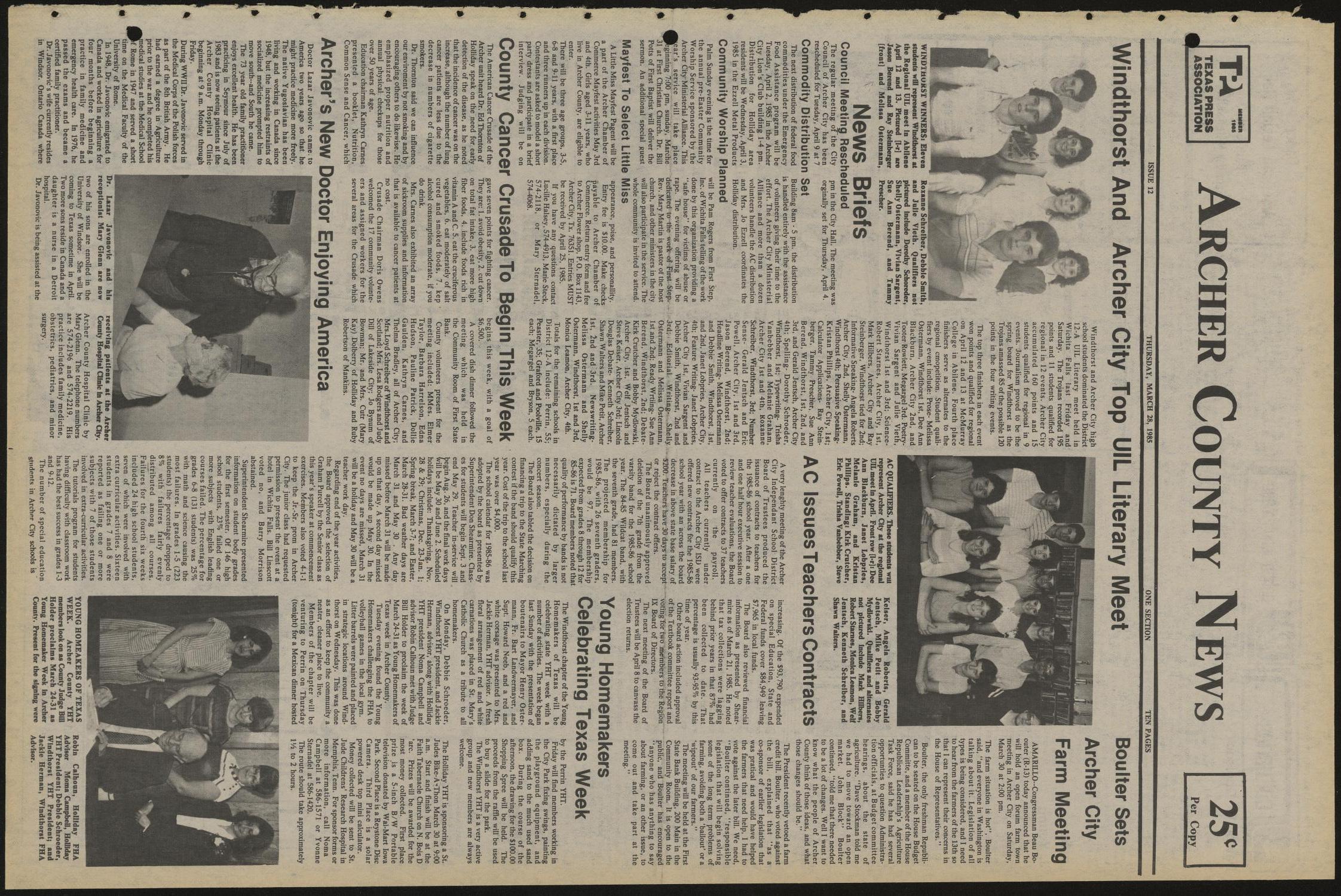 Archer County News (Archer City, Tex.), No. 13, Ed. 1 Thursday, March 28, 1985
                                                
                                                    [Sequence #]: 1 of 10
                                                