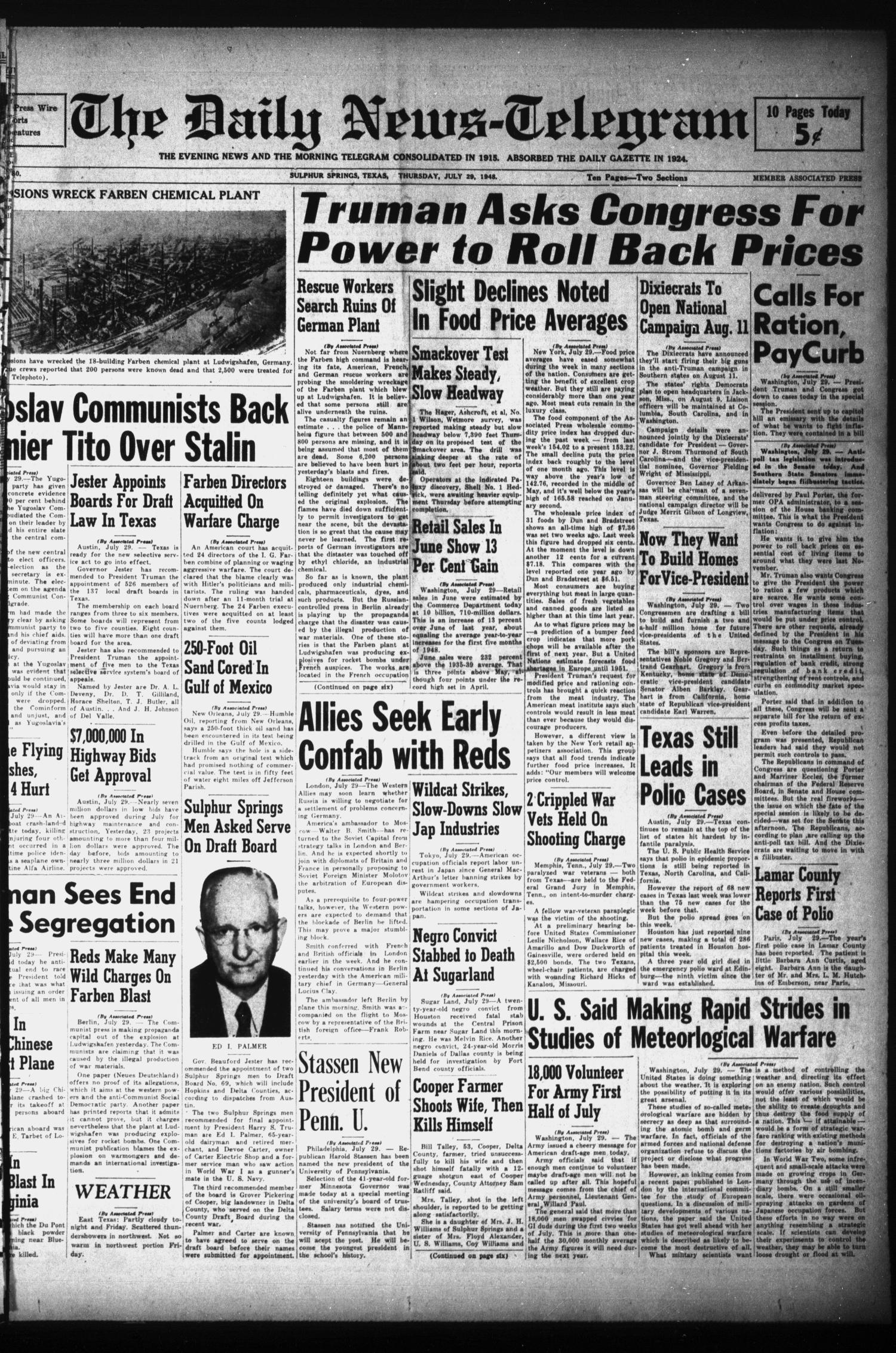 The Daily News-Telegram (Sulphur Springs, Tex.), Vol. 50, No. 180, Ed. 1 Thursday, July 29, 1948
                                                
                                                    [Sequence #]: 1 of 10
                                                