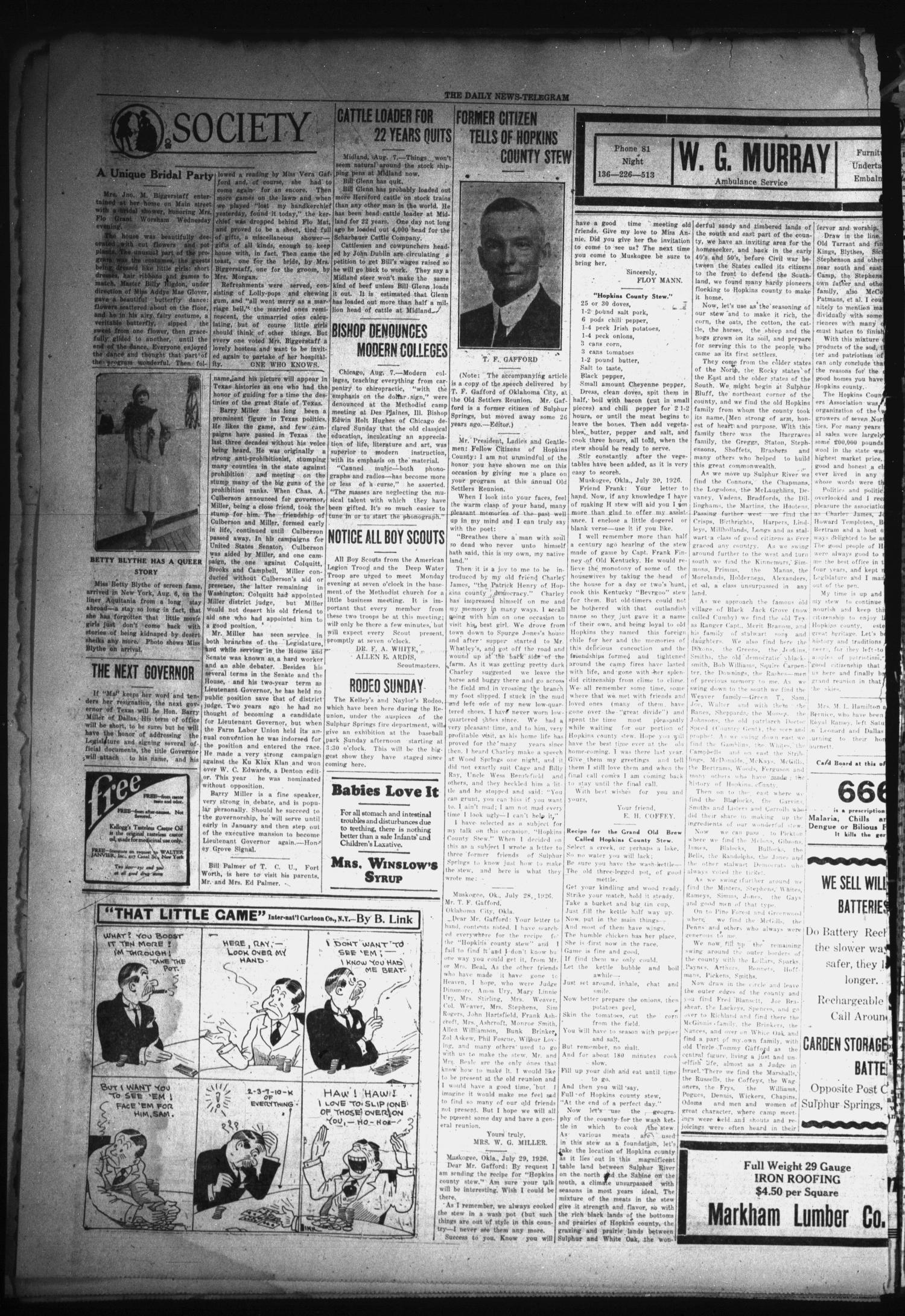 The Daily News-Telegram (Sulphur Springs, Tex.), Vol. 28, No. 175, Ed. 1 Sunday, August 8, 1926
                                                
                                                    [Sequence #]: 4 of 8
                                                