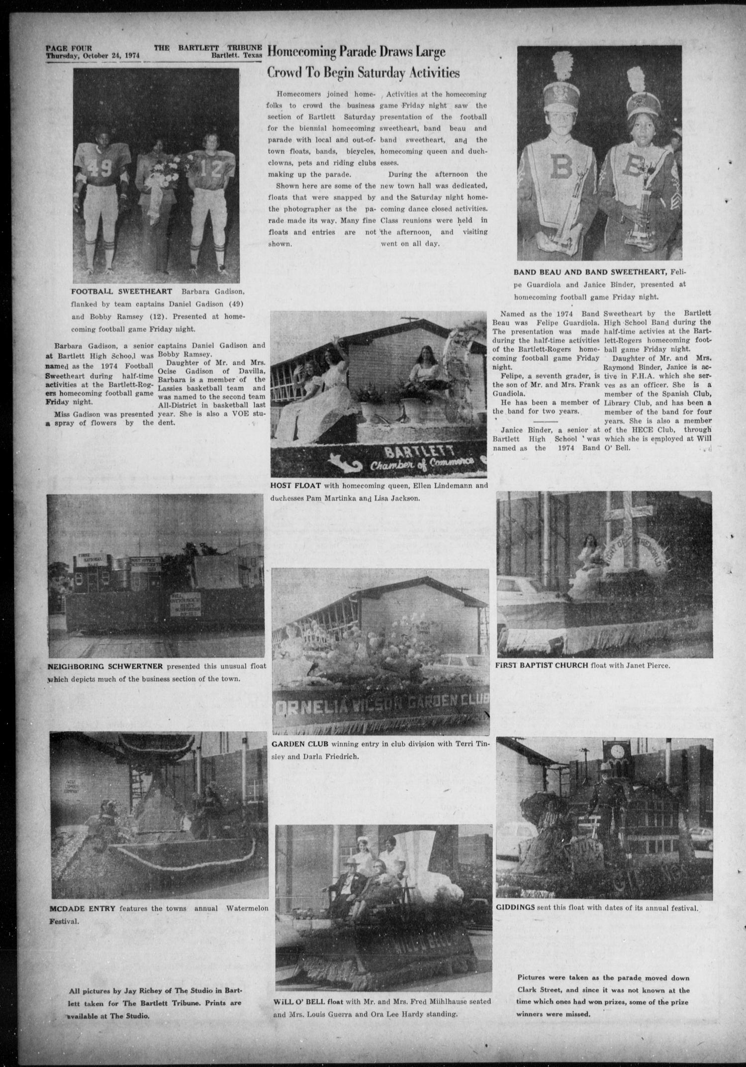 The Bartlett Tribune and News (Bartlett, Tex.), Vol. 88, No. 1, Ed. 1, Thursday, October 24, 1974
                                                
                                                    [Sequence #]: 4 of 8
                                                
