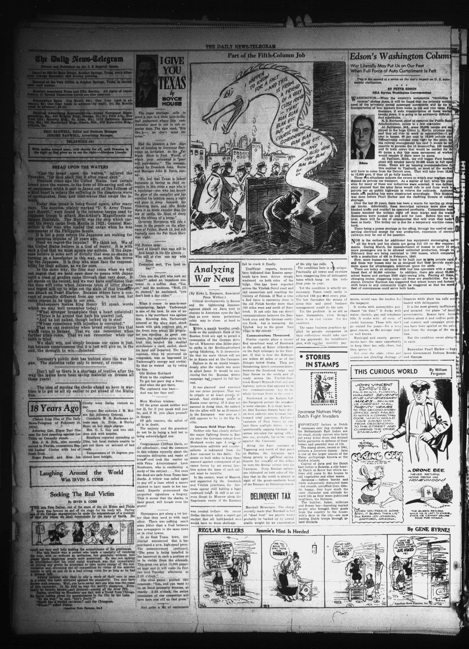 The Daily News-Telegram (Sulphur Springs, Tex.), Vol. 44, No. 43, Ed. 1 Thursday, February 19, 1942
                                                
                                                    [Sequence #]: 2 of 6
                                                