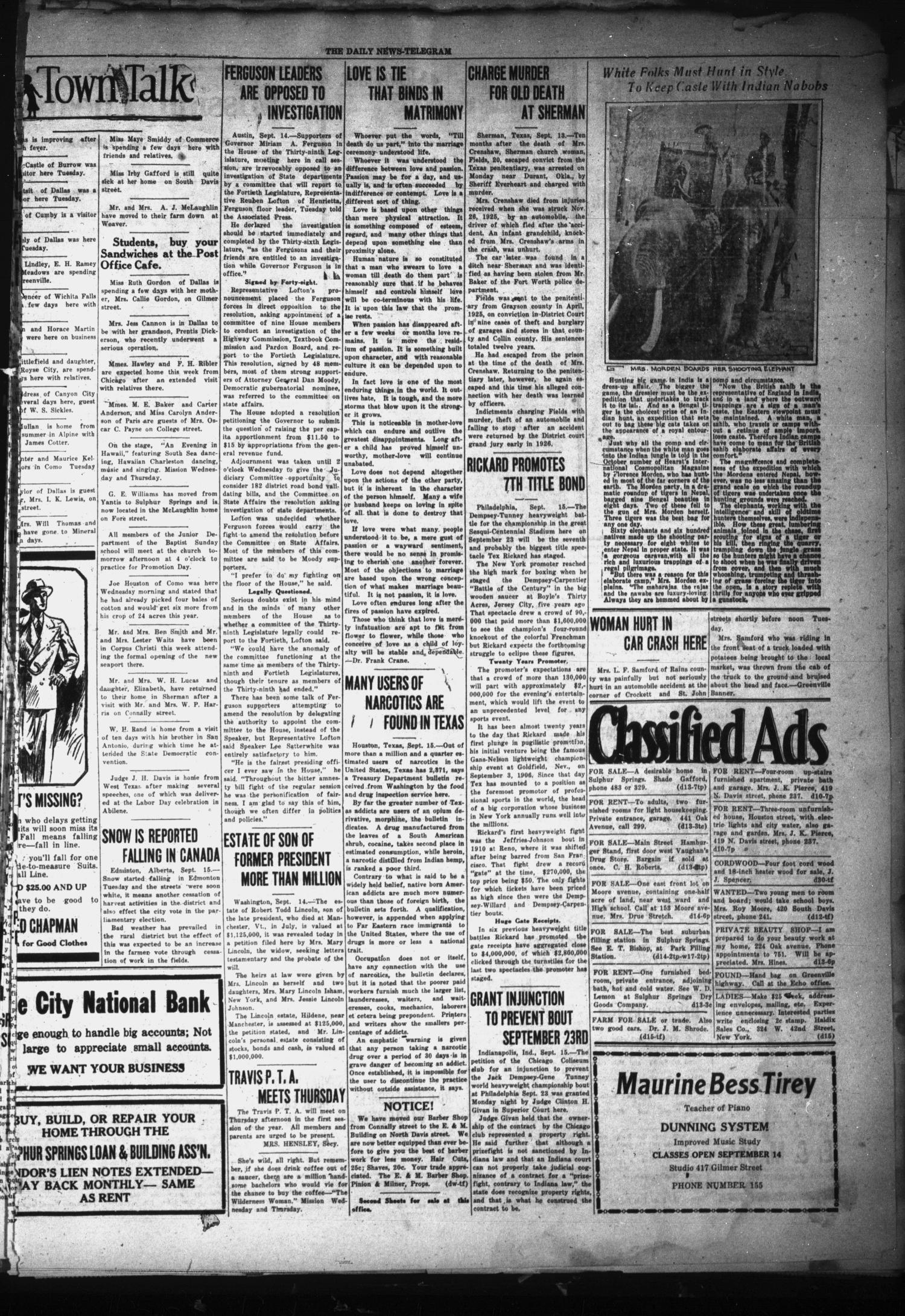 The Daily News-Telegram (Sulphur Springs, Tex.), Vol. 28, No. 208, Ed. 1 Wednesday, September 15, 1926
                                                
                                                    [Sequence #]: 3 of 4
                                                