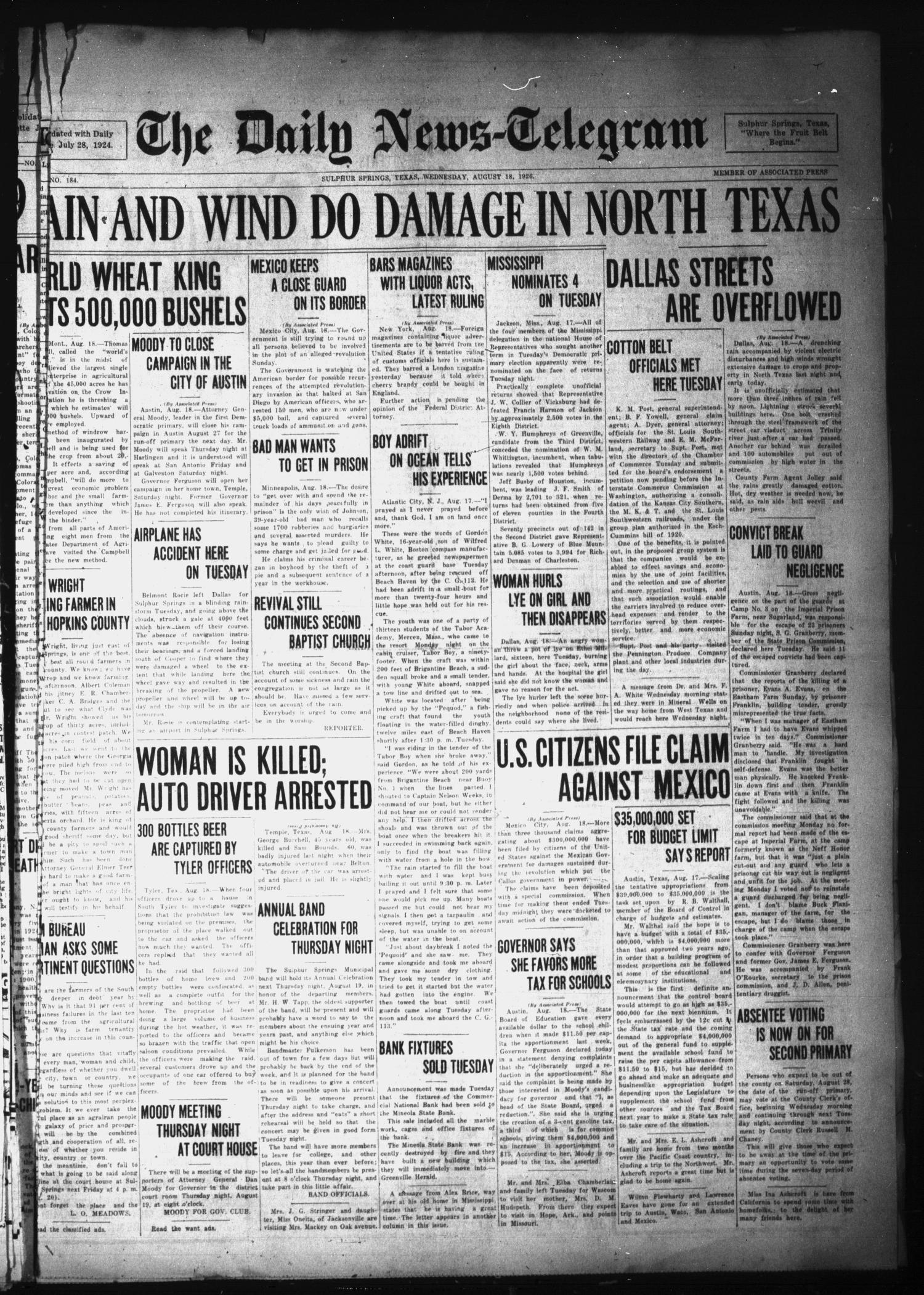 The Daily News-Telegram (Sulphur Springs, Tex.), Vol. 28, No. 184, Ed. 1 Wednesday, August 18, 1926
                                                
                                                    [Sequence #]: 1 of 4
                                                