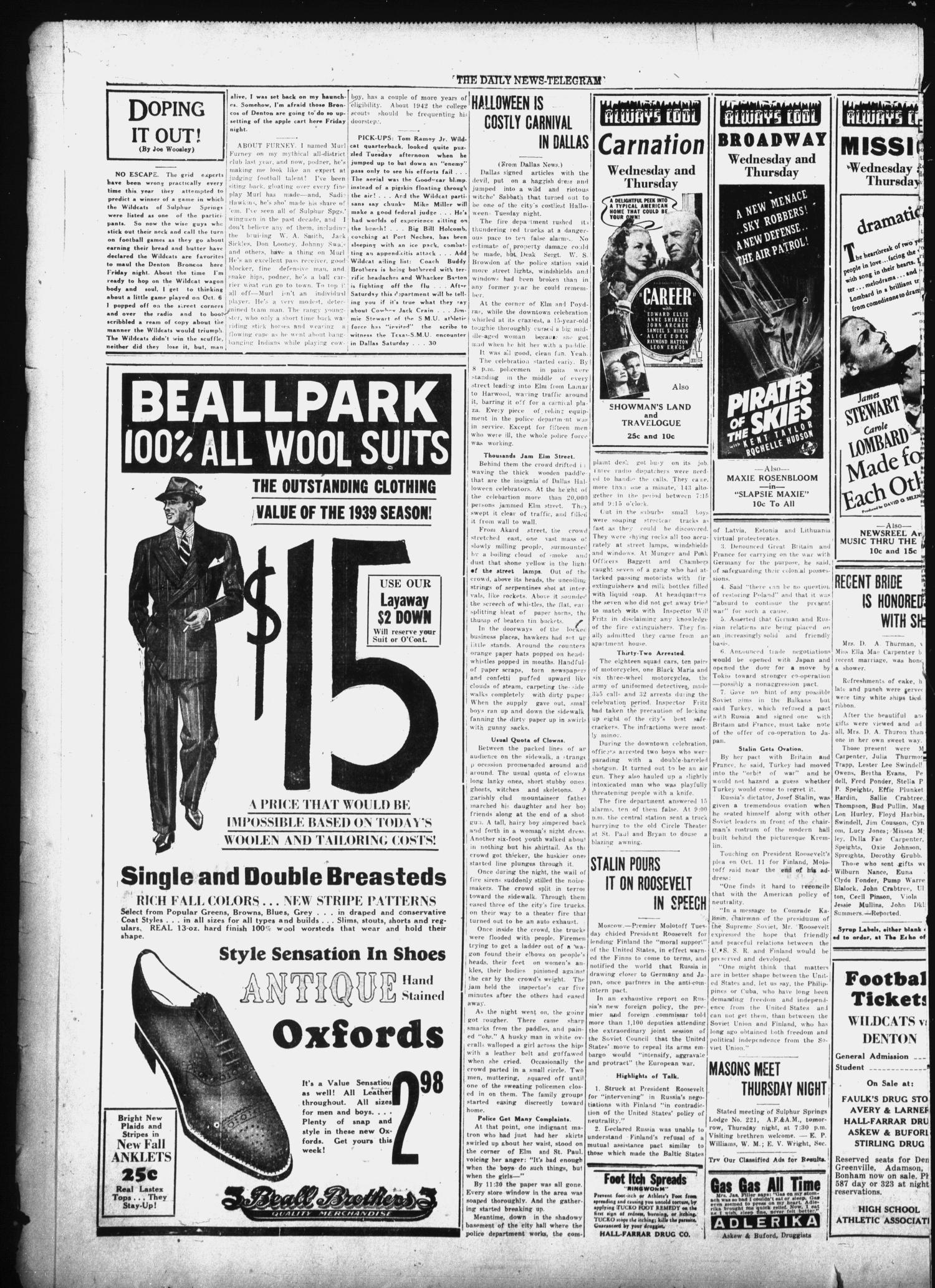 The Daily News-Telegram (Sulphur Springs, Tex.), Vol. 39, No. 260, Ed. 1 Wednesday, November 1, 1939
                                                
                                                    [Sequence #]: 4 of 4
                                                