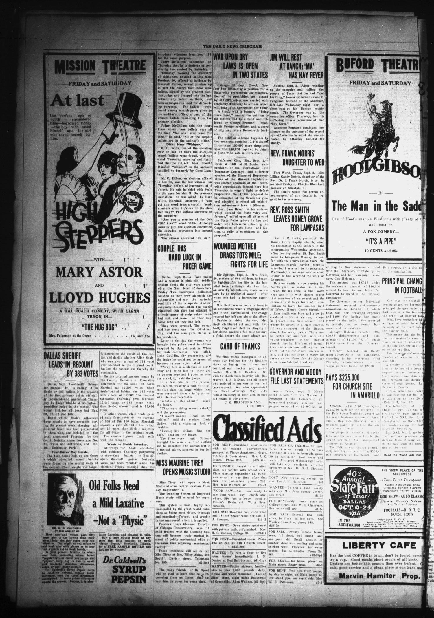 The Daily News-Telegram (Sulphur Springs, Tex.), Vol. 28, No. 198, Ed. 1 Friday, September 3, 1926
                                                
                                                    [Sequence #]: 4 of 4
                                                