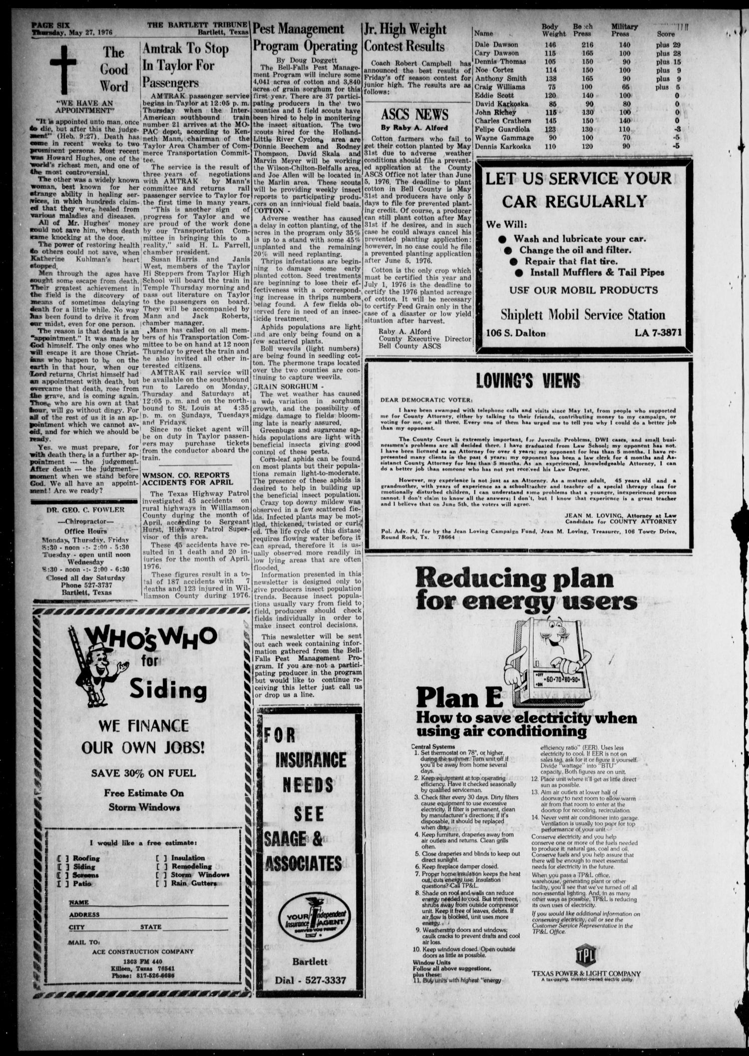 The Bartlett Tribune and News (Bartlett, Tex.), Vol. 89, No. 32, Ed. 1, Thursday, May 27, 1976
                                                
                                                    [Sequence #]: 6 of 8
                                                