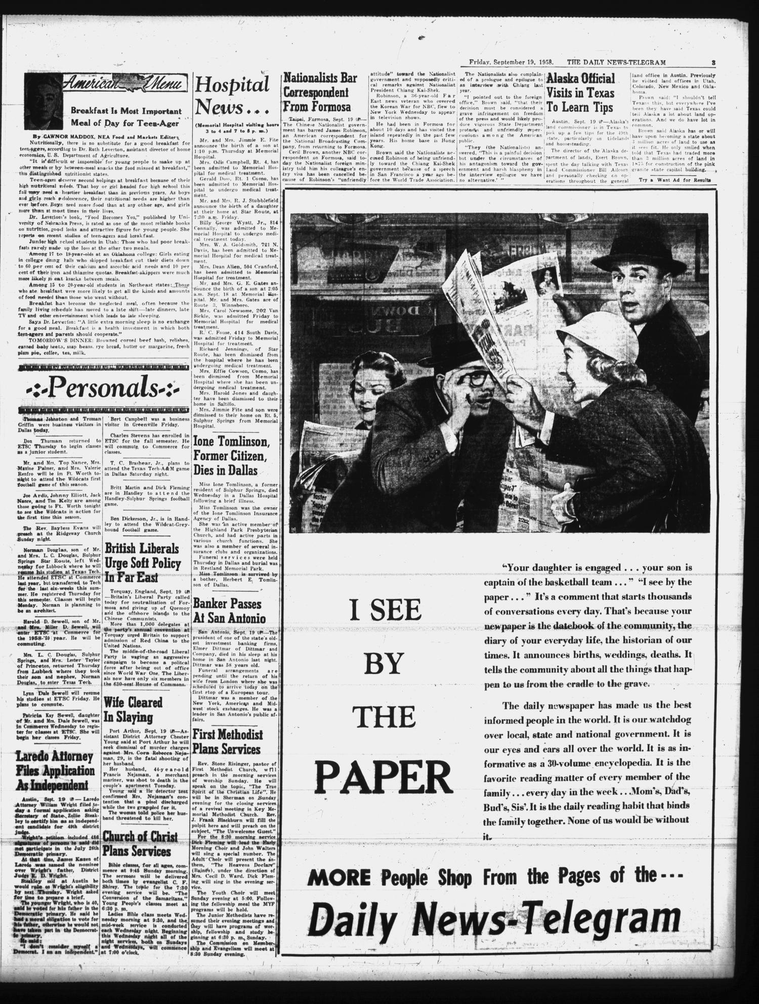 The Daily News-Telegram (Sulphur Springs, Tex.), Vol. 80, No. 231, Ed. 1 Friday, September 19, 1958
                                                
                                                    [Sequence #]: 3 of 6
                                                