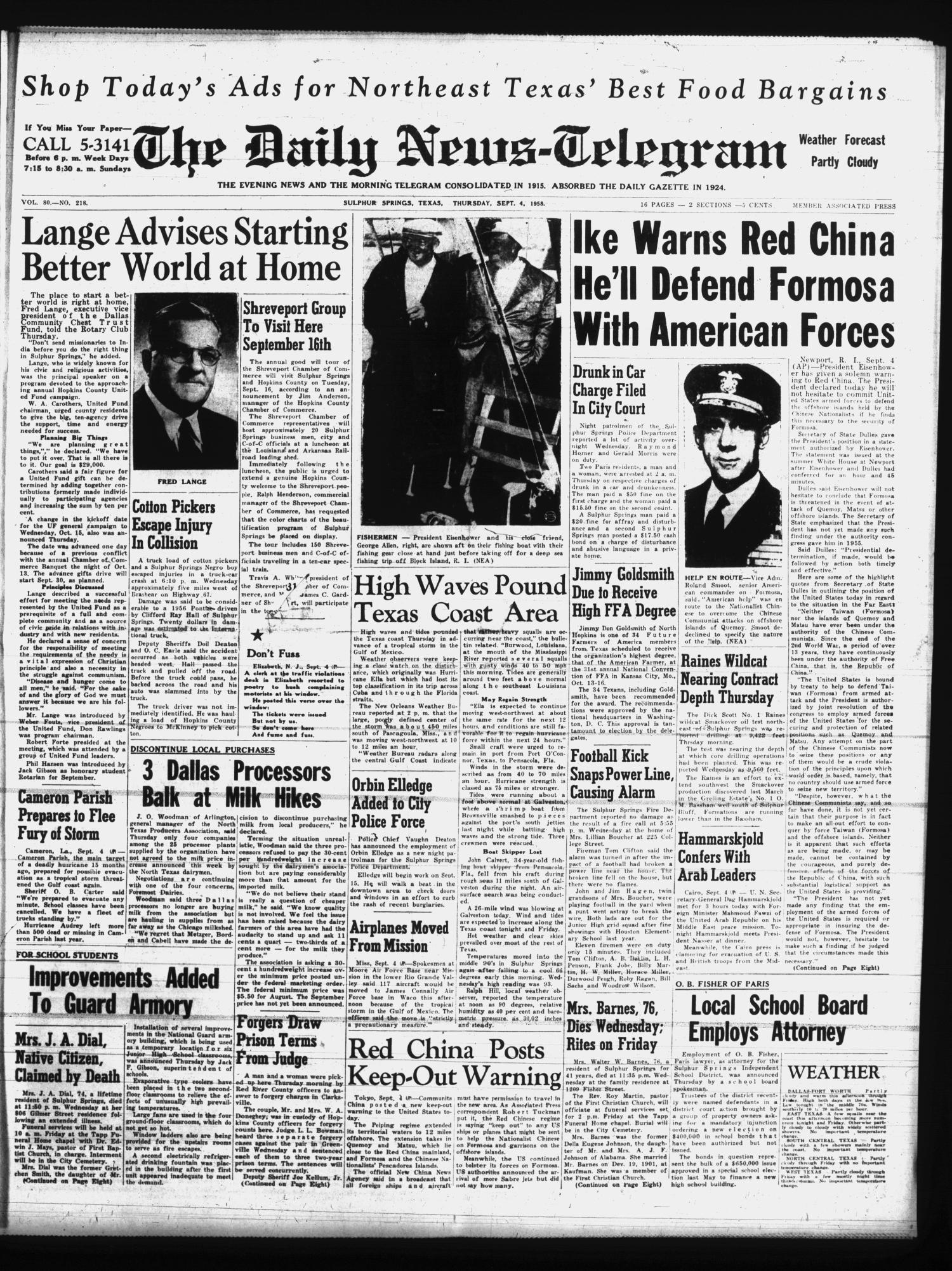 The Daily News-Telegram (Sulphur Springs, Tex.), Vol. 80, No. 218, Ed. 1 Thursday, September 4, 1958
                                                
                                                    [Sequence #]: 1 of 16
                                                