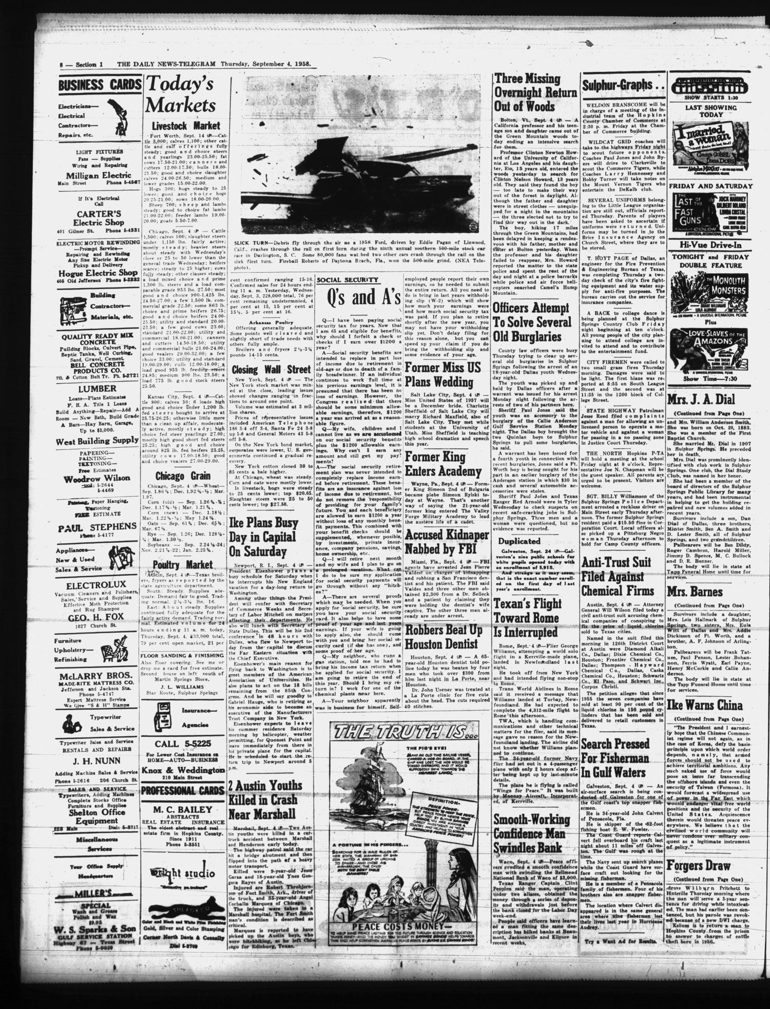The Daily News-Telegram (Sulphur Springs, Tex.), Vol. 80, No. 218, Ed. 1 Thursday, September 4, 1958
                                                
                                                    [Sequence #]: 8 of 16
                                                