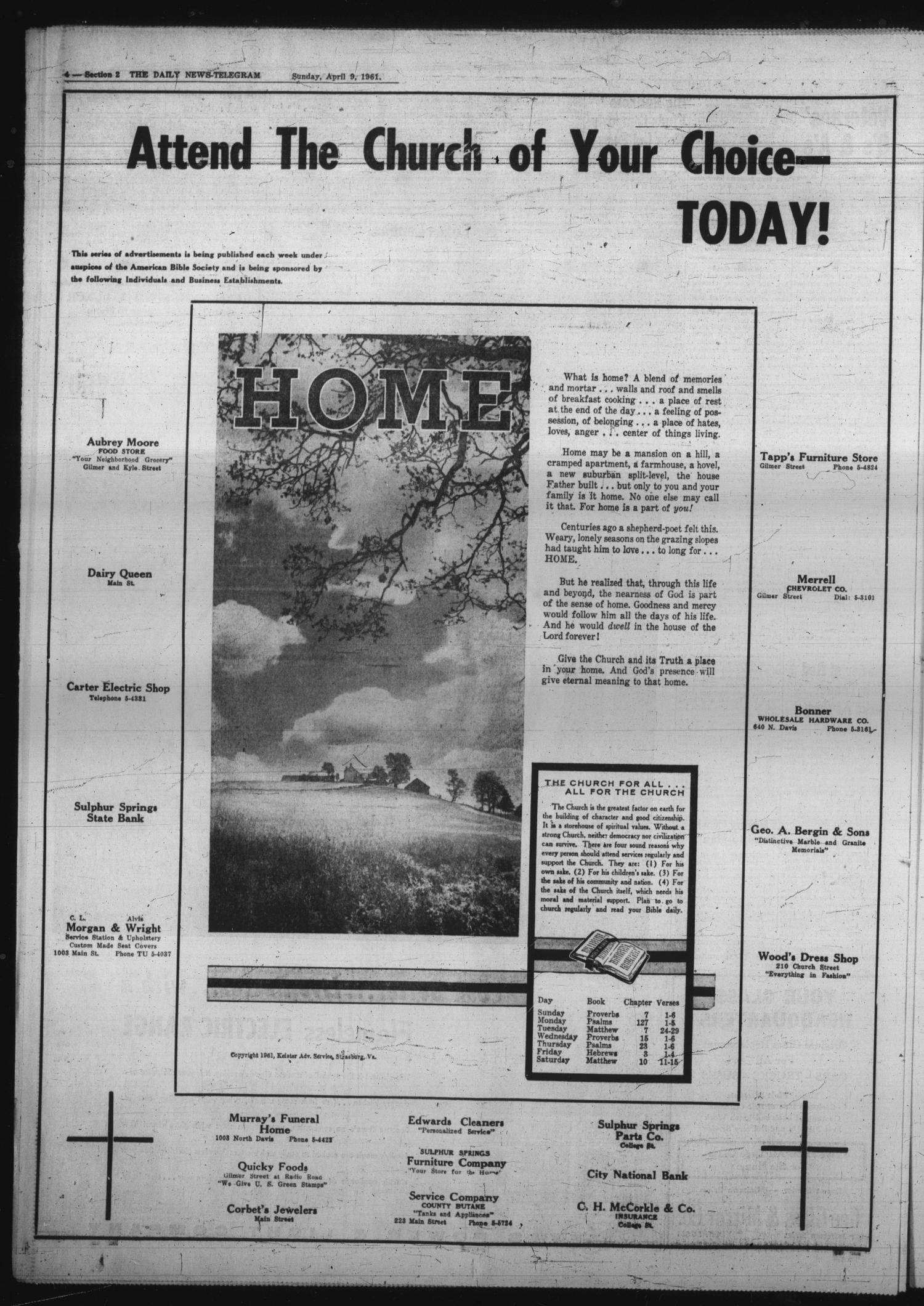 The Daily News-Telegram (Sulphur Springs, Tex.), Vol. 83, No. 84, Ed. 1 Sunday, April 9, 1961
                                                
                                                    [Sequence #]: 12 of 12
                                                