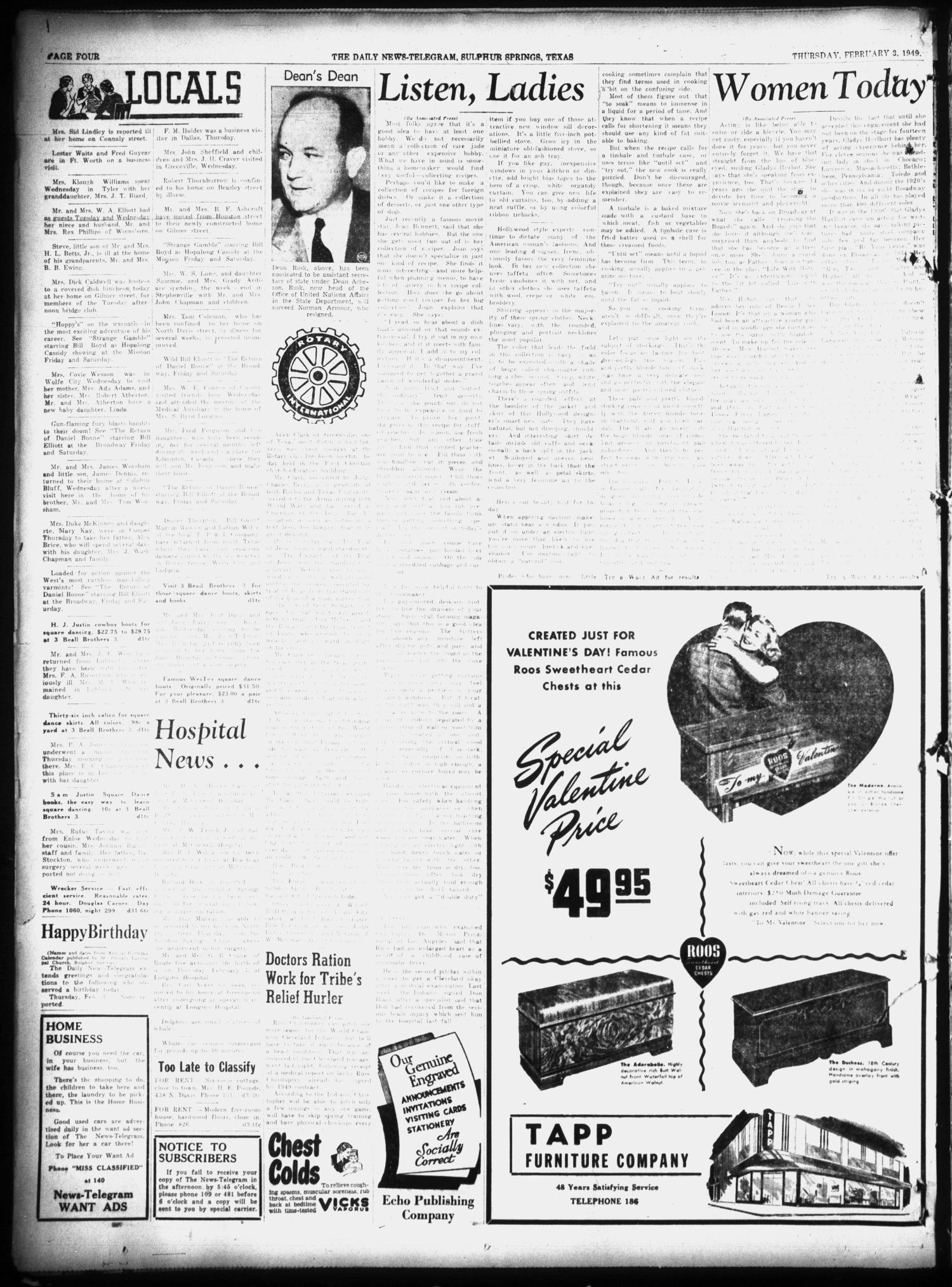 The Daily News-Telegram (Sulphur Springs, Tex.), Vol. 51, No. 29, Ed. 1 Thursday, February 3, 1949
                                                
                                                    [Sequence #]: 4 of 8
                                                