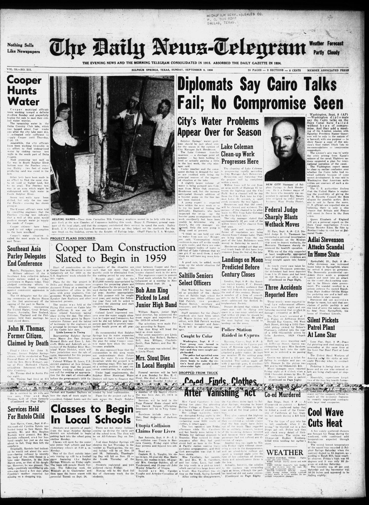 The Daily News-Telegram (Sulphur Springs, Tex.), Vol. 58, No. 215, Ed. 1 Sunday, September 9, 1956
                                                
                                                    [Sequence #]: 1 of 12
                                                