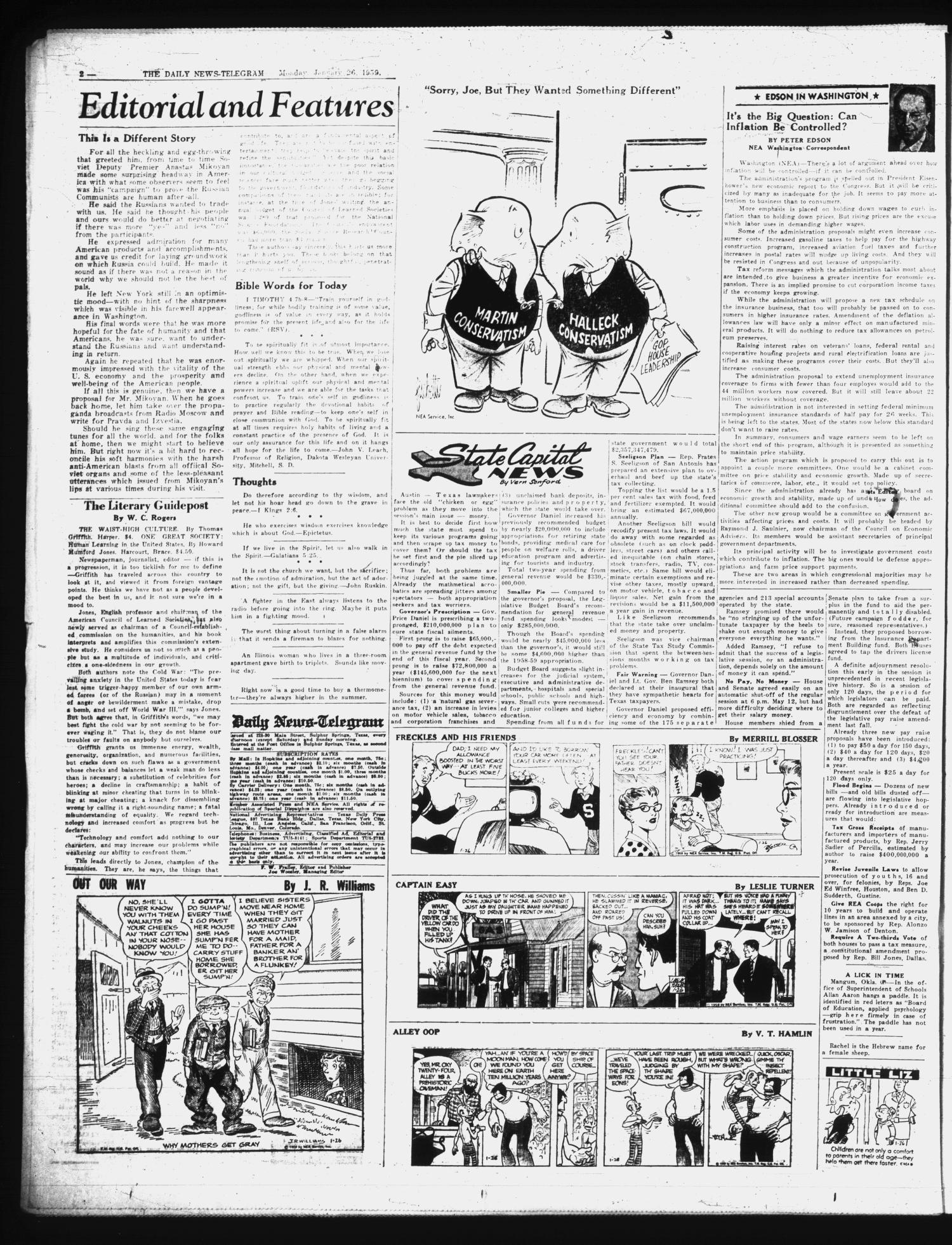 The Daily News-Telegram (Sulphur Springs, Tex.), Vol. 81, No. 21, Ed. 1 Monday, January 26, 1959
                                                
                                                    [Sequence #]: 2 of 6
                                                
