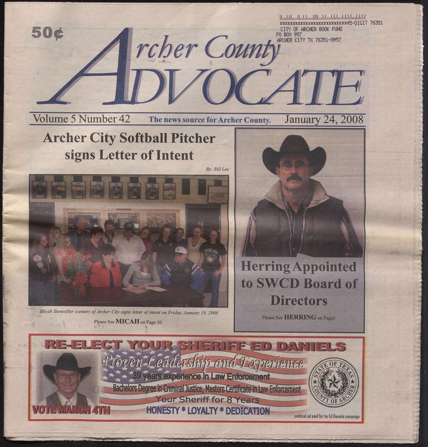 Archer County Advocate (Holliday, Tex.), Vol. 5, No. 42, Ed. 1 Thursday, January 24, 2008
                                                
                                                    [Sequence #]: 1 of 20
                                                