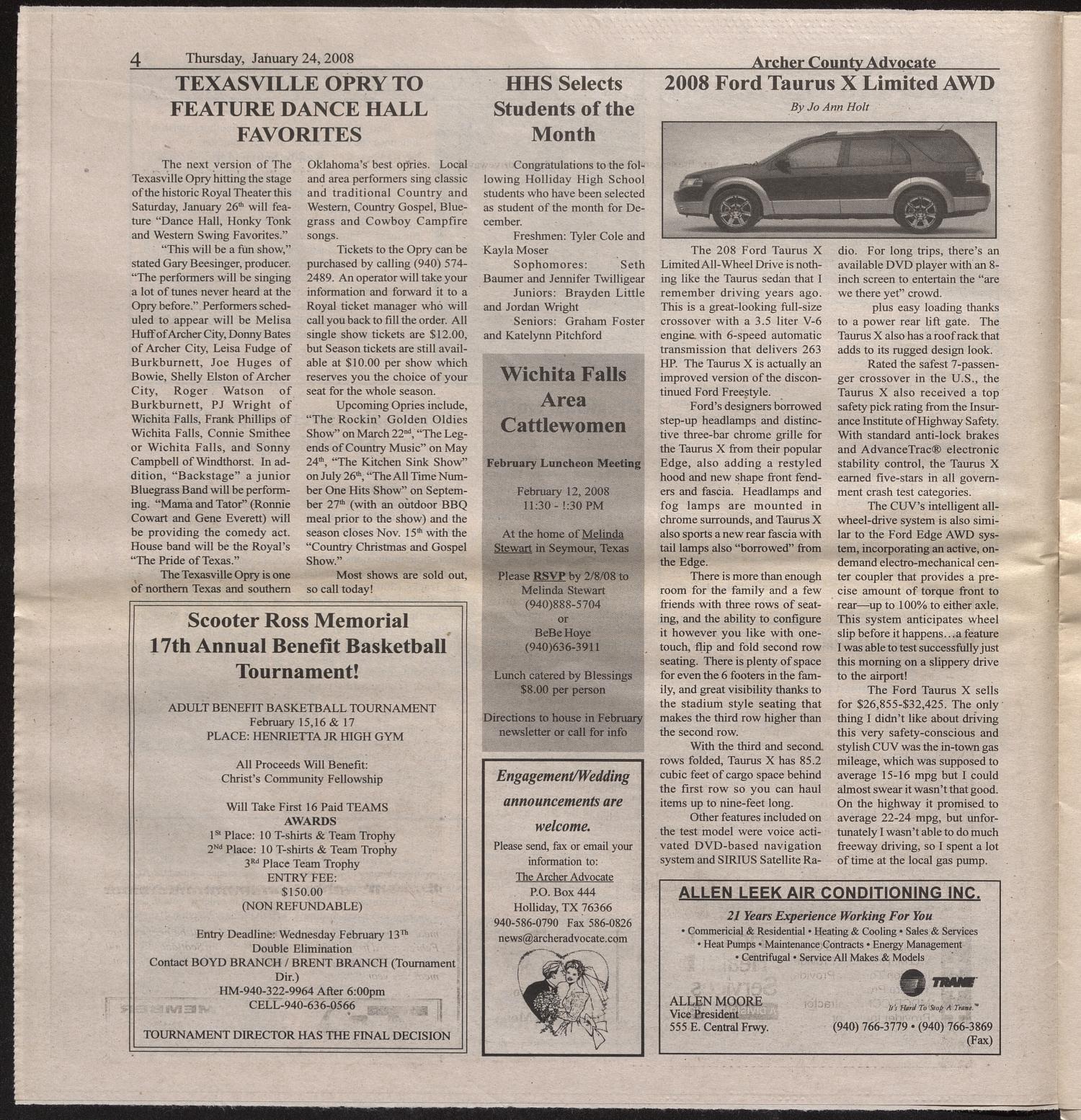 Archer County Advocate (Holliday, Tex.), Vol. 5, No. 42, Ed. 1 Thursday, January 24, 2008
                                                
                                                    [Sequence #]: 4 of 20
                                                