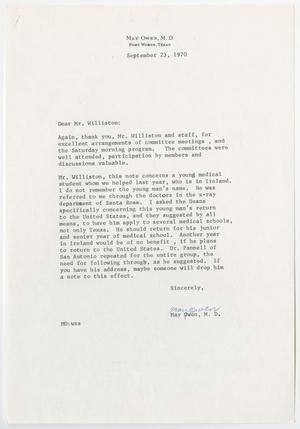 Primary view of object titled '[Letter from Dr. May Owen to Mr. C. Williston, September 23, 1970]'.