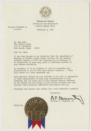 [Letter from Governor William P. Clements, Jr. to Dr. May Owen, February 8, 1982]